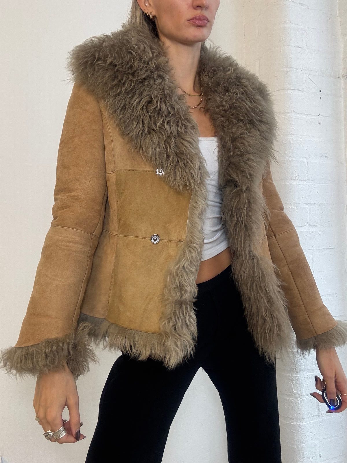Vintage Y2K Tan Suede & Shaggy Shearling Trim Penny Lane Jacket - Size XS