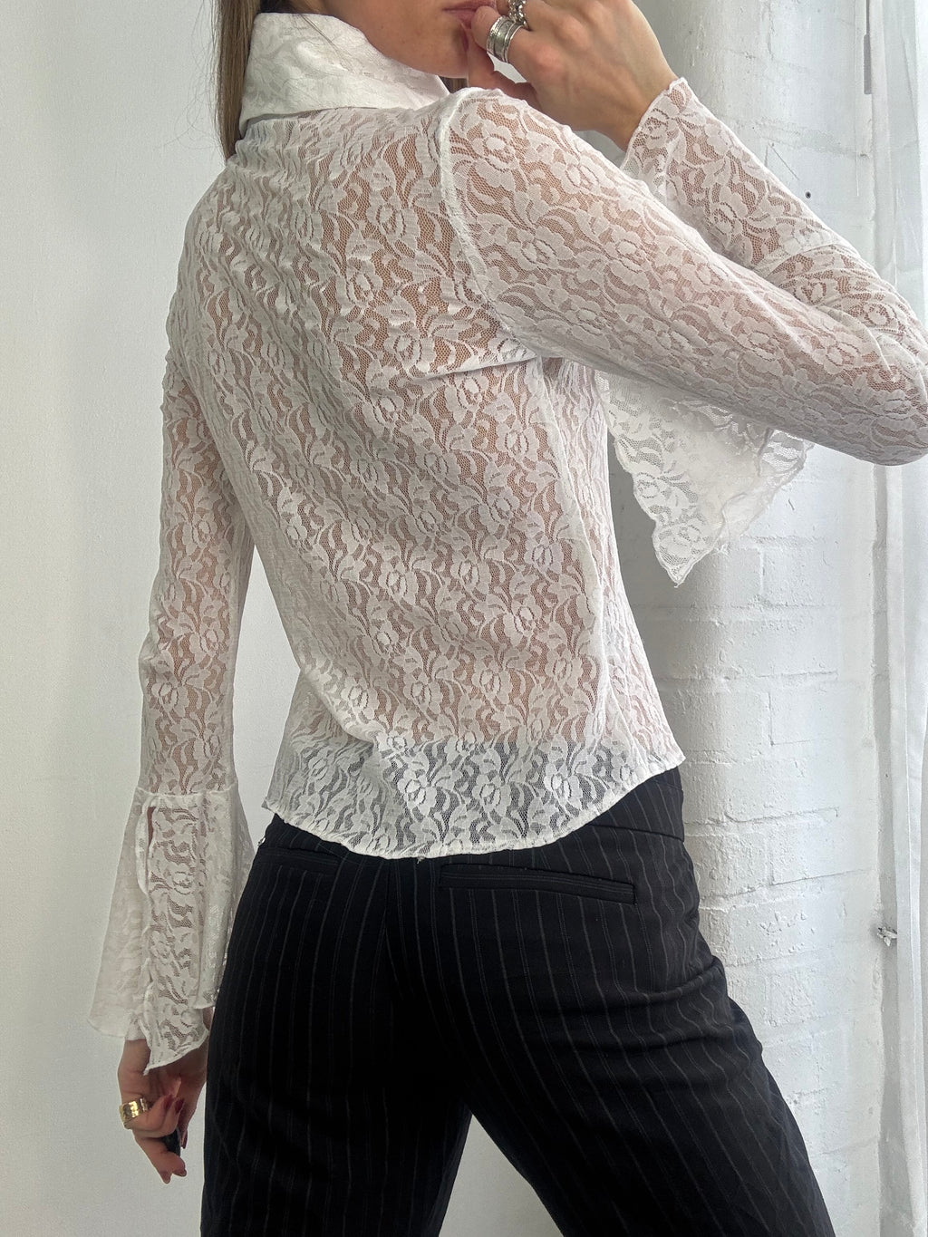 Vintage 90s sheer white lace button up blouse