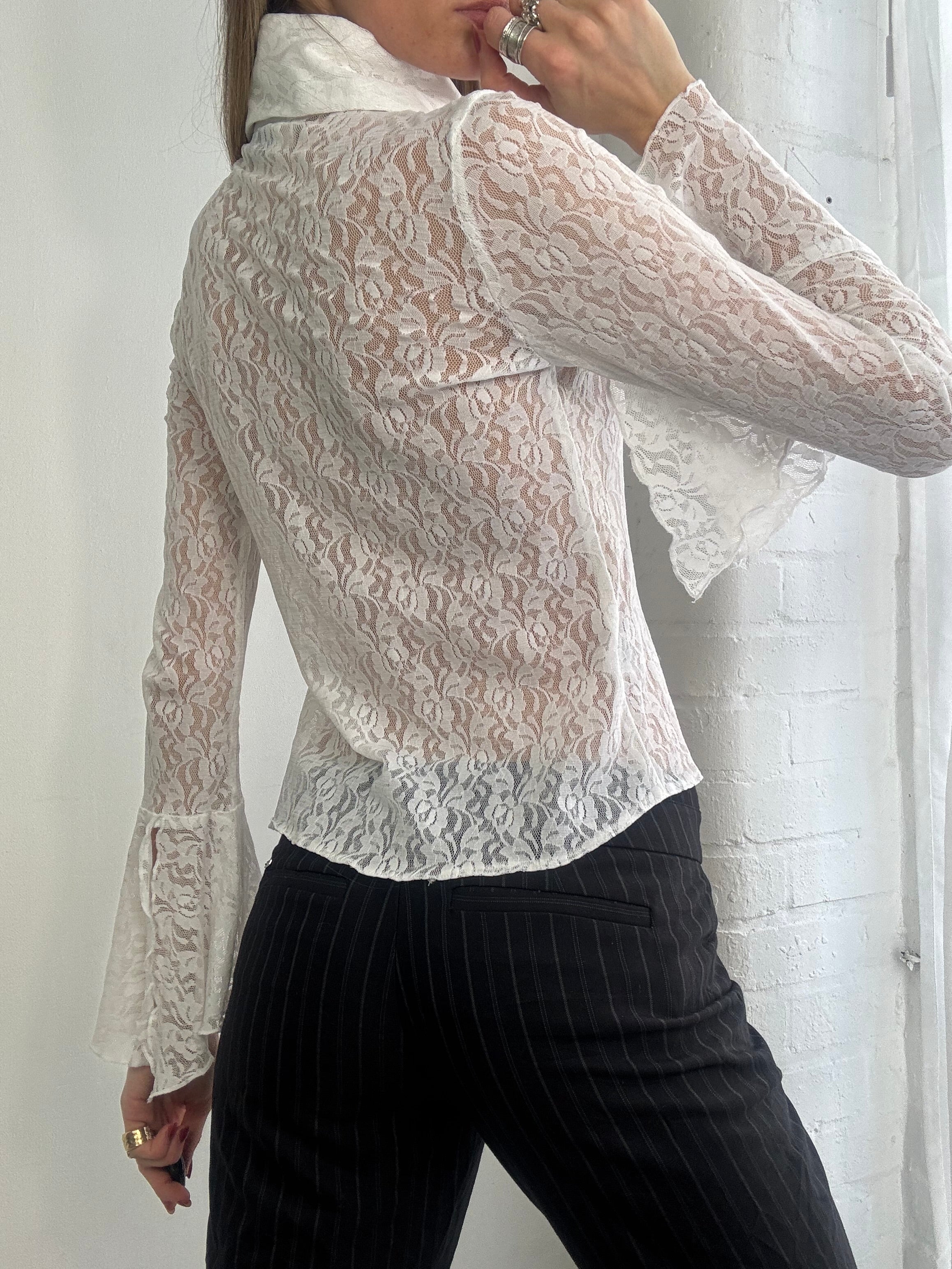 Vintage 90s sheer white lace button up blouse