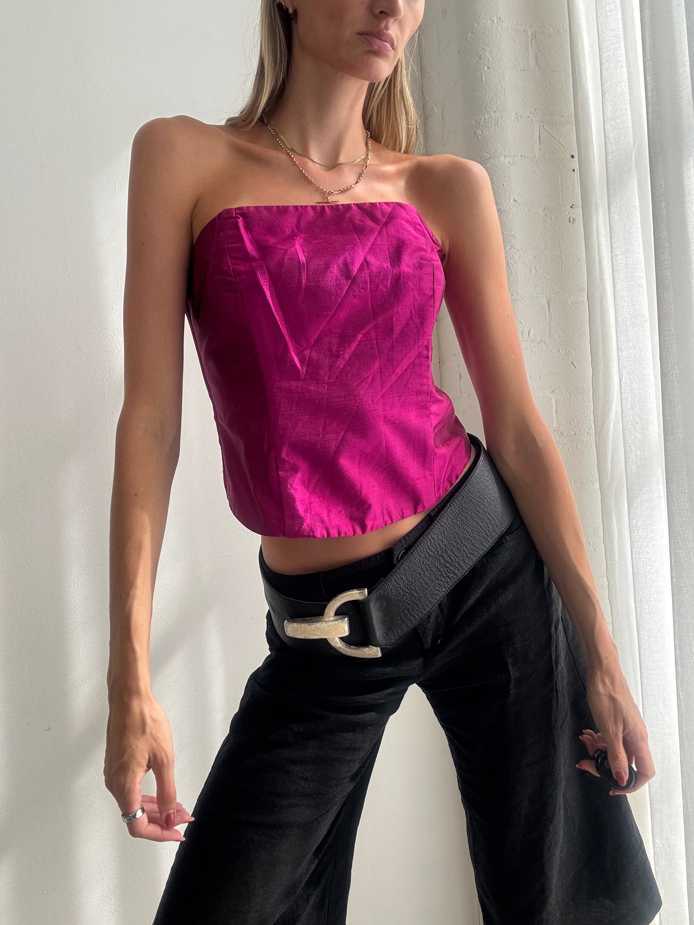 Vintage Y2K Hot Pink Satin Corset Top - Size M