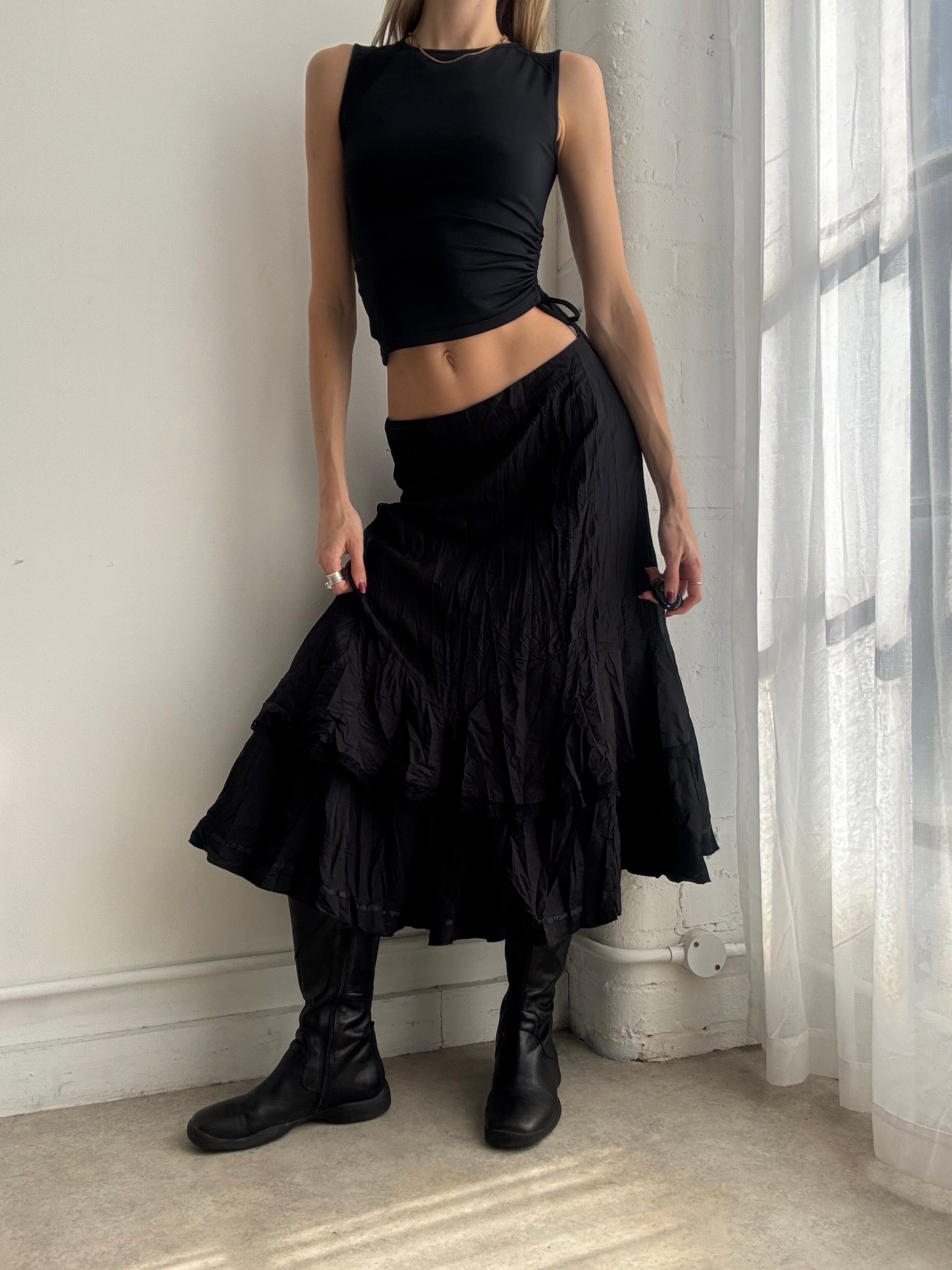 Vintage Y2K black pleated lace midi skirt