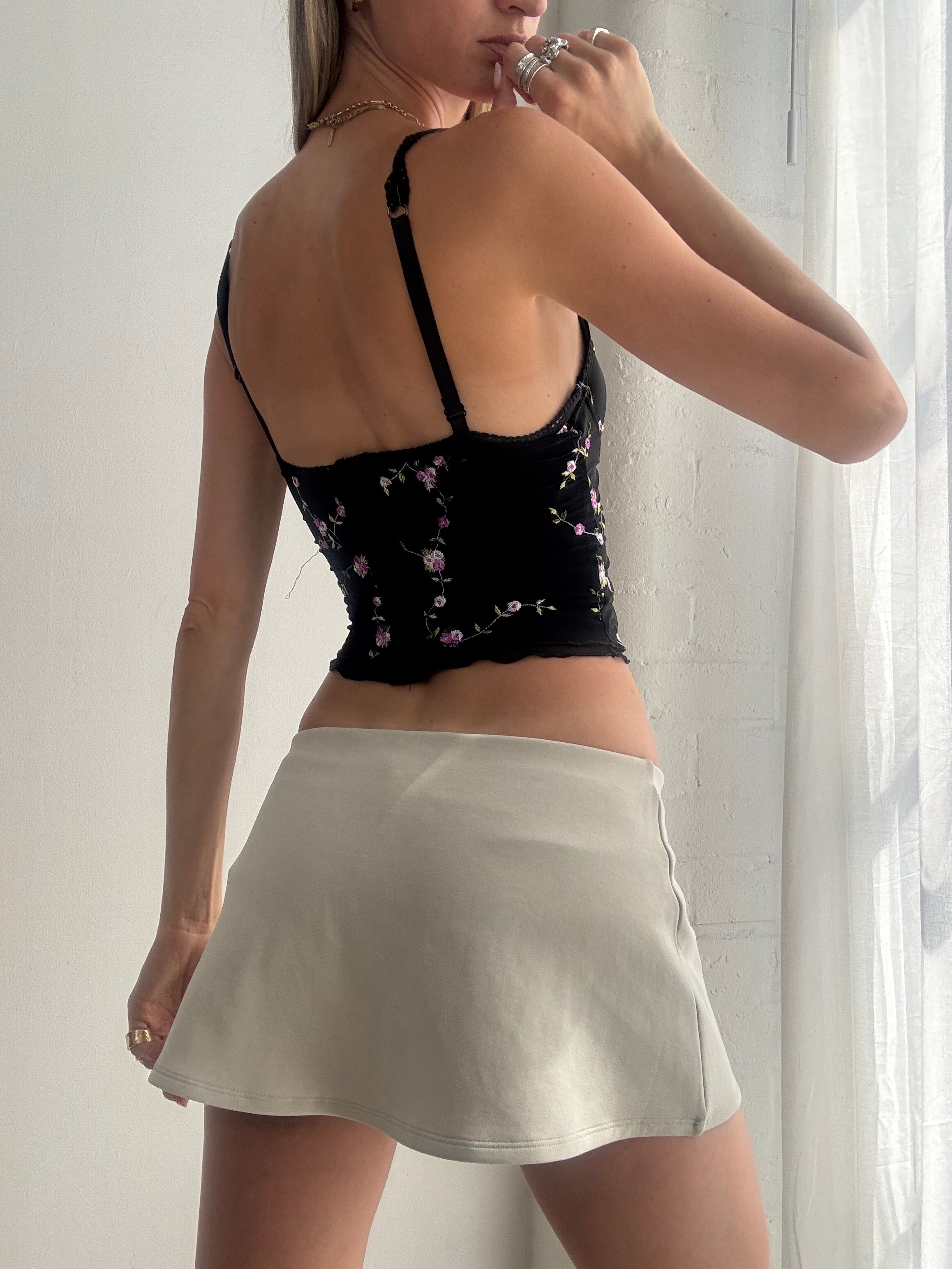 Vintage Y2K Black Floral Embroidered Cami Corset Top Fairy Grunge Coquette - Size XS/S