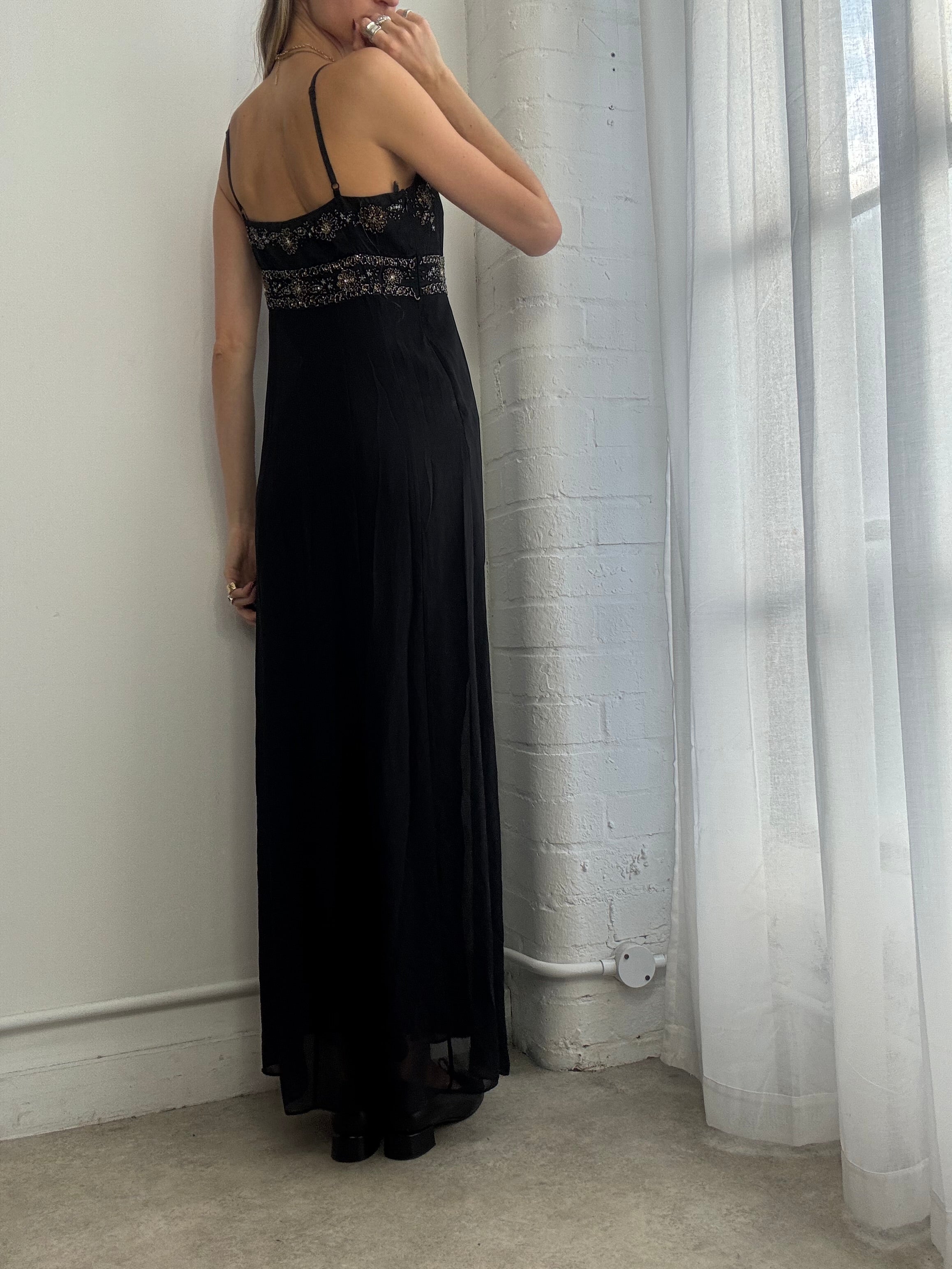 Vintage Y2K beaded black mesh slip dress