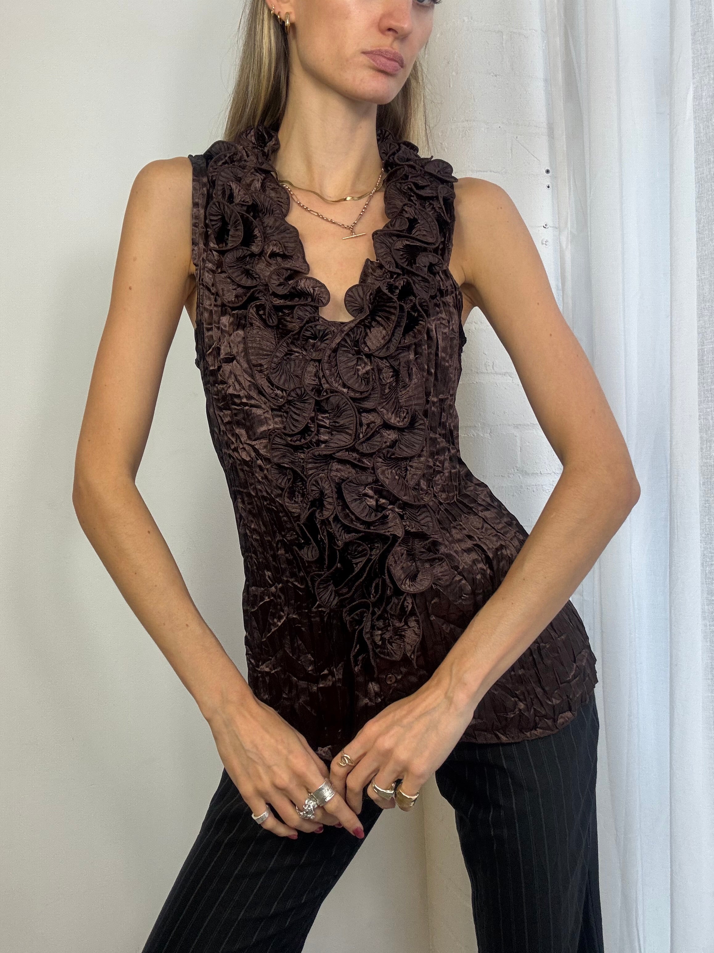 Vintage Y2K brown satin ruffle top