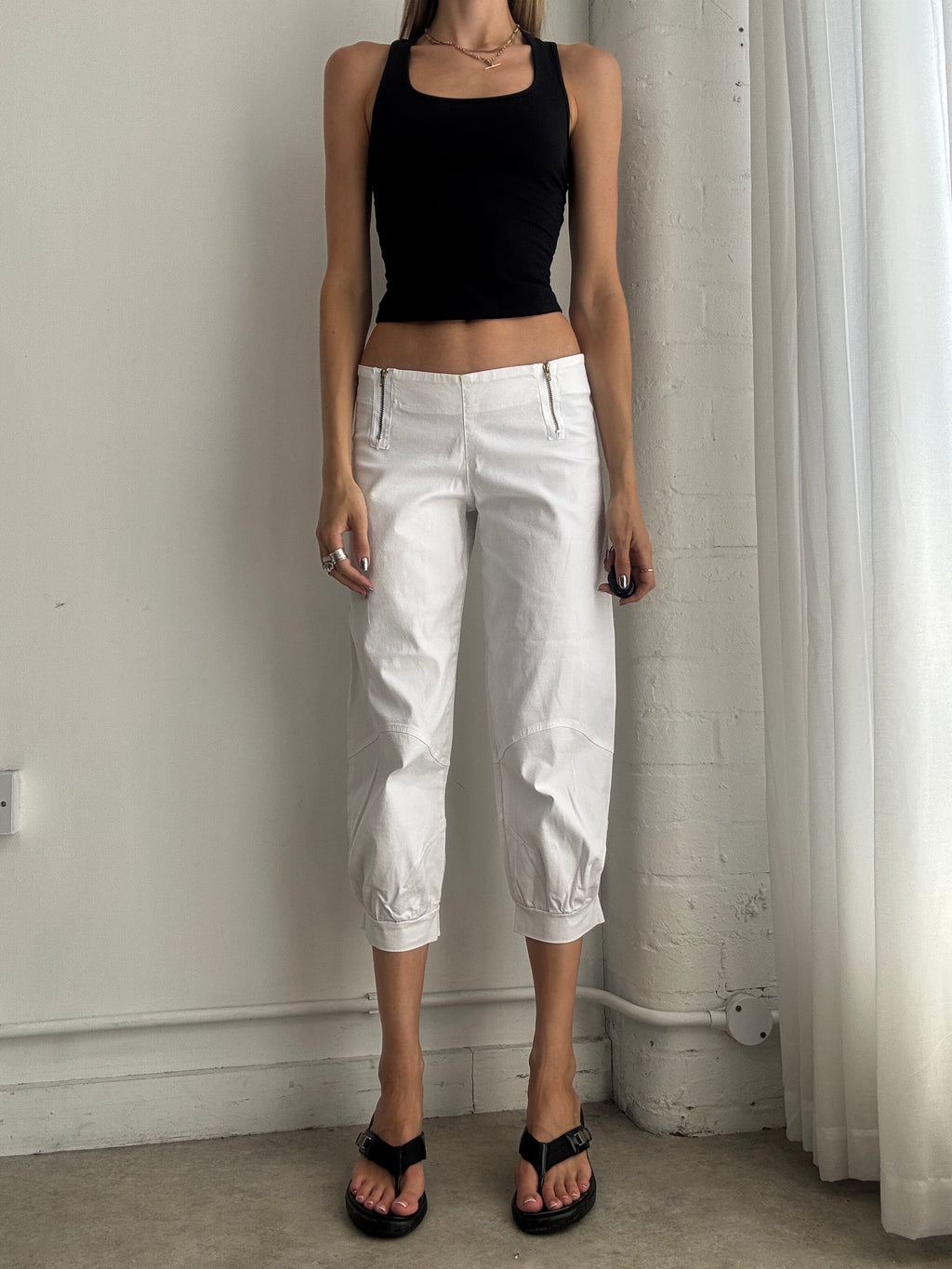 Vintage Y2K White Capri Trousers – Low Rise Cotton Crop Pants - Size S