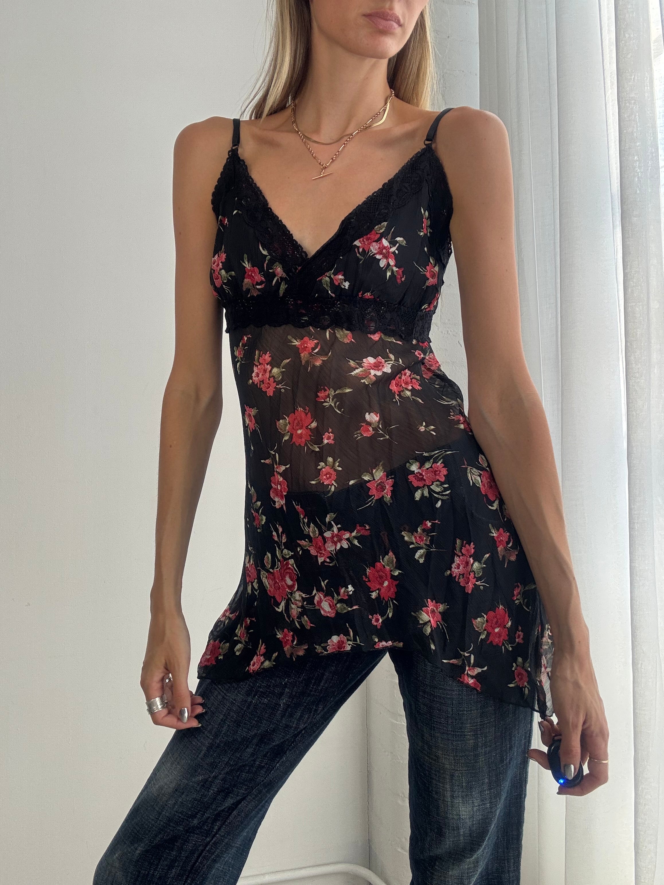Vintage Y2K Black Floral Mesh Cami Top – Sheer Fairy Grunge Babydoll Top - Size S