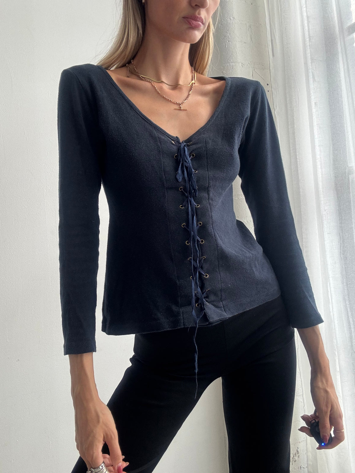 Vintage Y2K Navy Blue Lace Up Corset Style Top - Size M