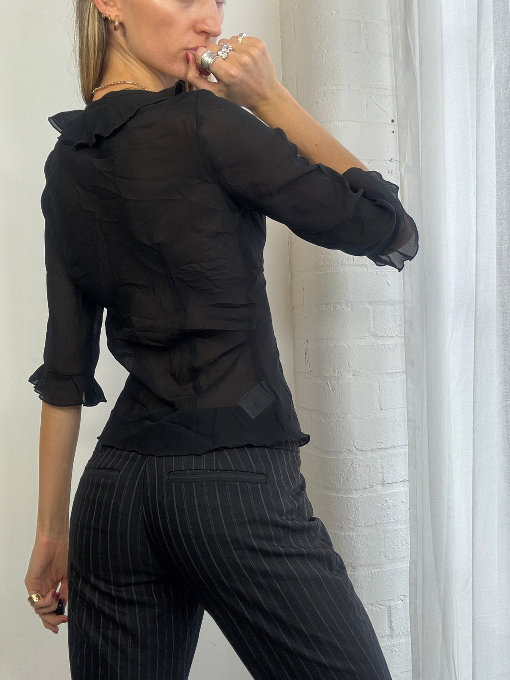 Vintage Y2K Guess sheer mesh ruffle blouse