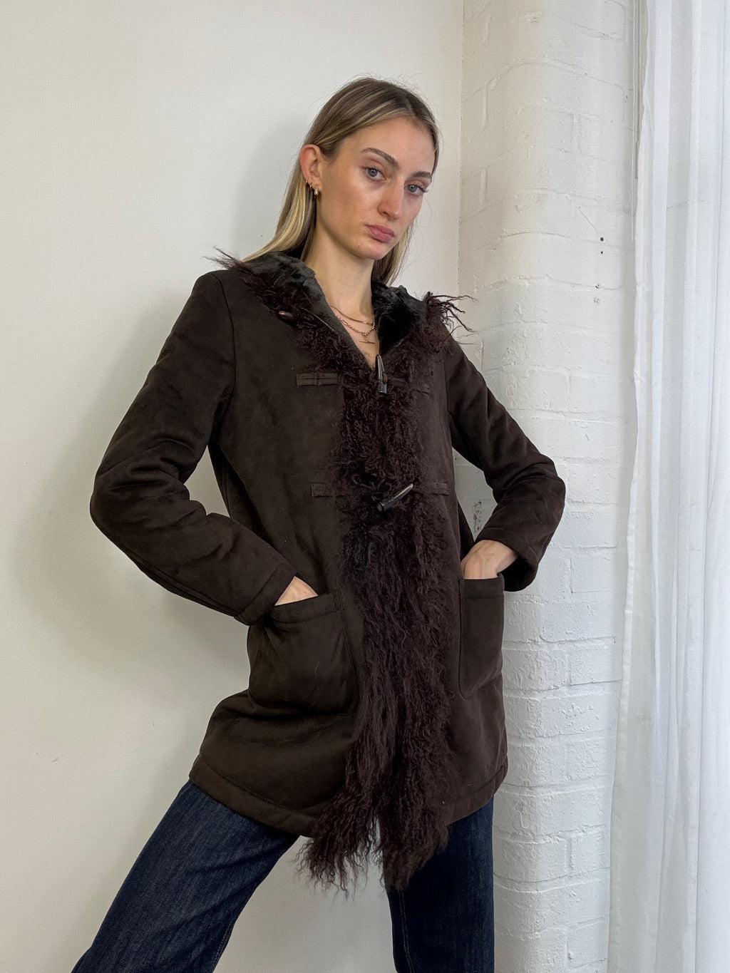 Vintage Y2K brown faux suede hooded coat with Mongolian fur trim