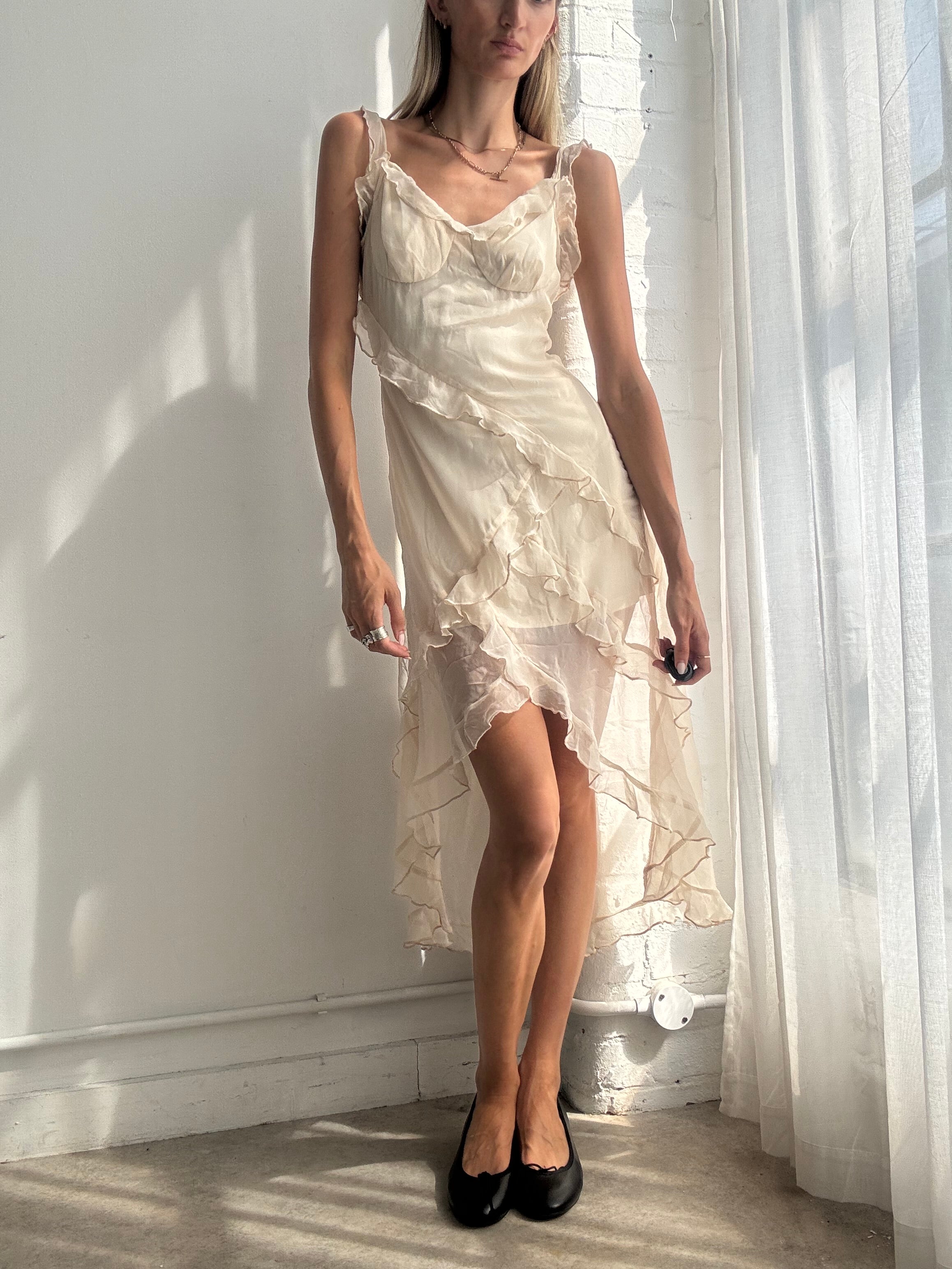 y2k slip dress Vintage Ivory Satin Lace Trim Asymmetric Midi or an oversized knit for that perfectly undone vintage look Mesh Dress Tulle Slip Dress