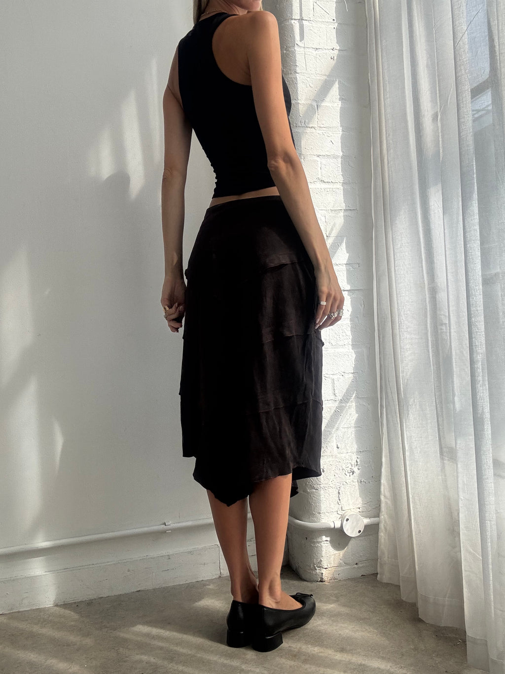 Vintage Y2K Chocolate Brown Faux Suede Ruffle Asymmetric Midi Skirt - Size S