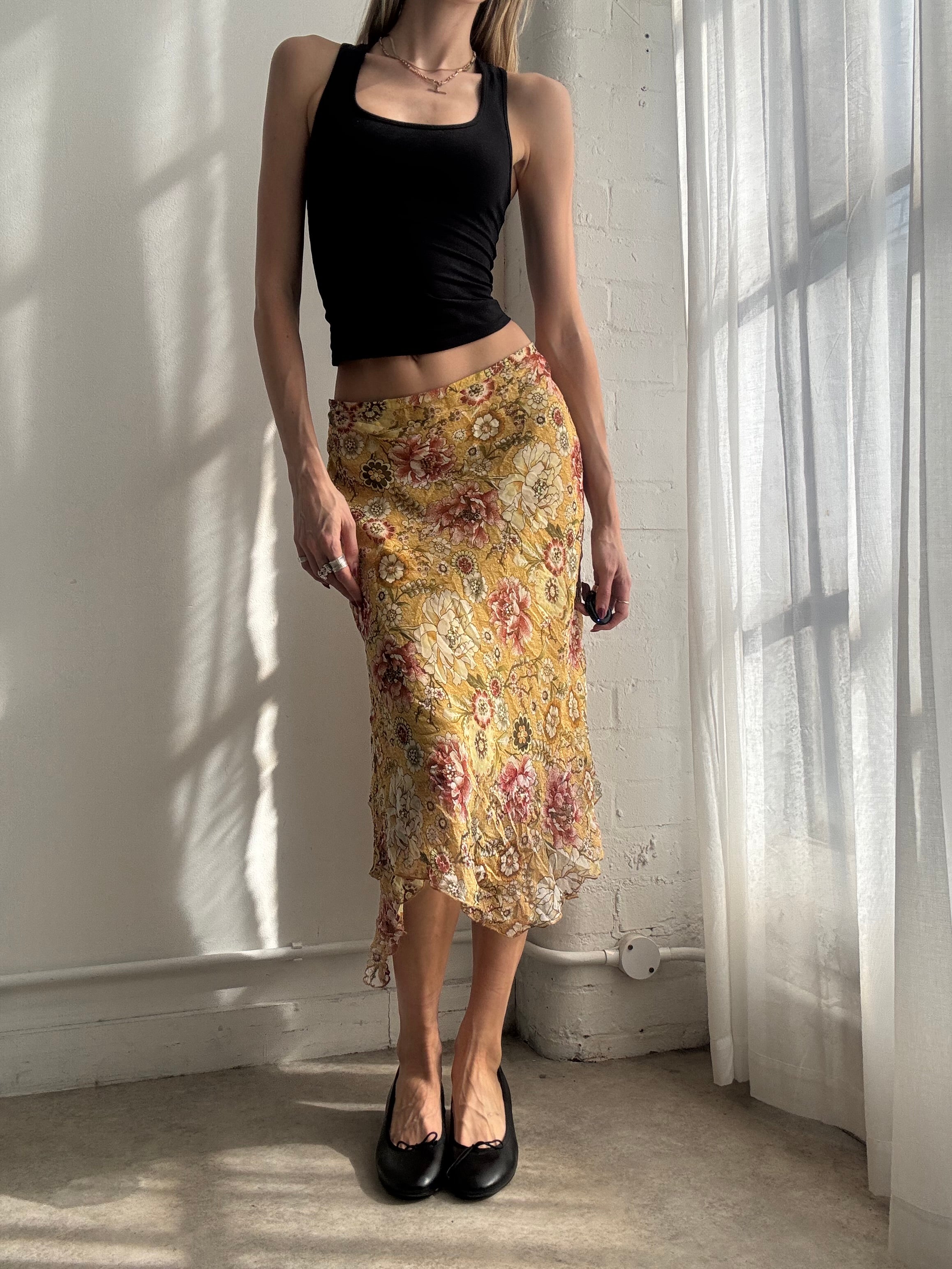 Vintage Y2K yellow silk floral beaded midi skirt asymmetric fairy