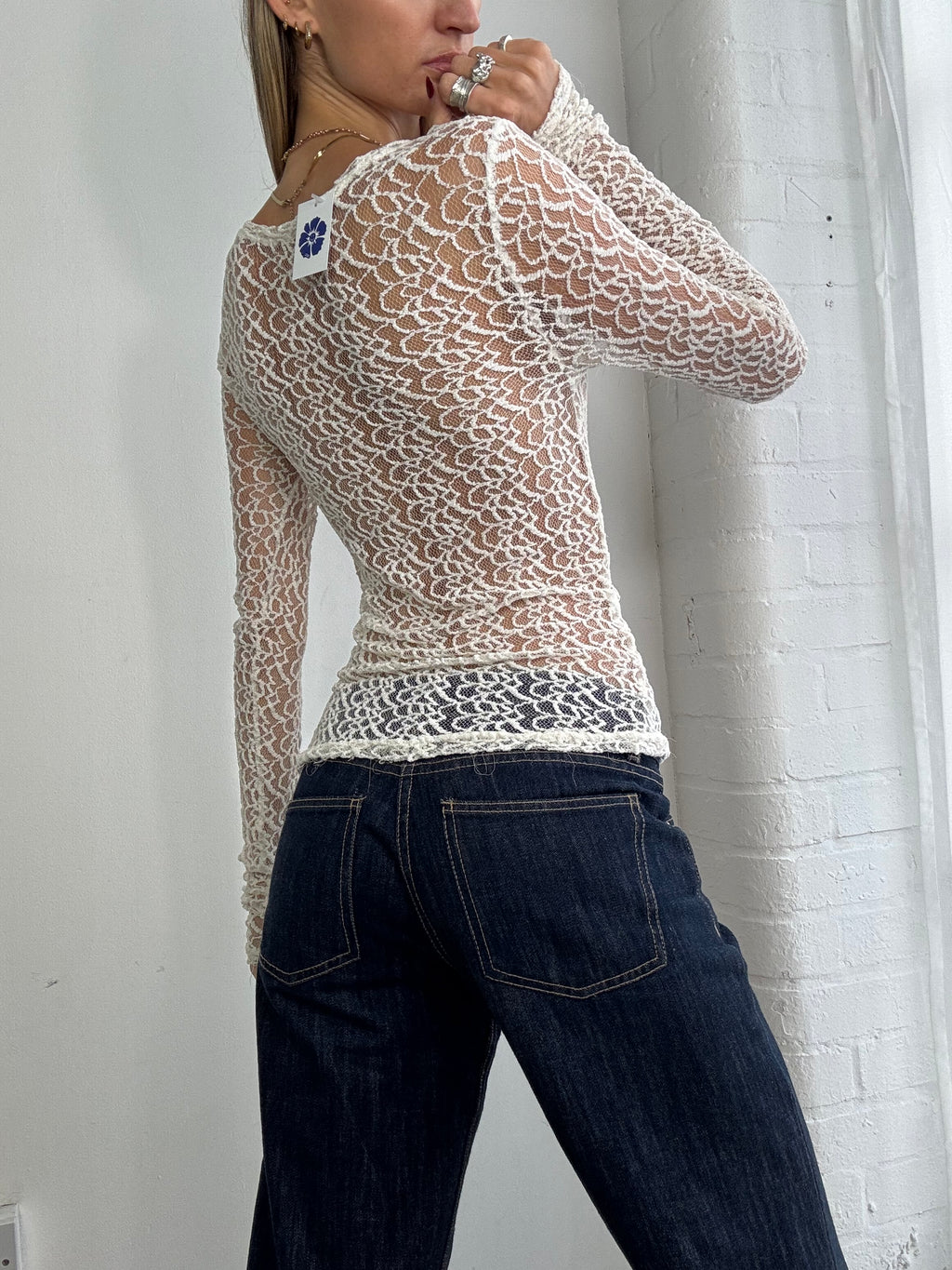 Vintage Y2K sheer lace long sleeve top white