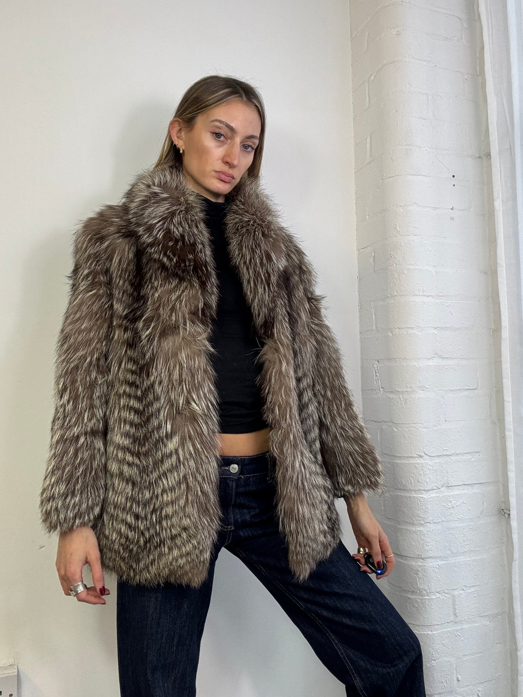 Vintage 90s fox fur coat brown