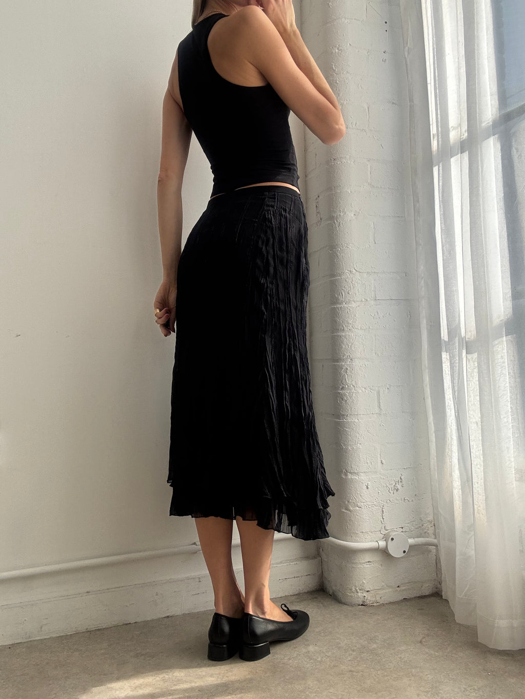 Vintage Y2K black mesh crinkle midi skirt