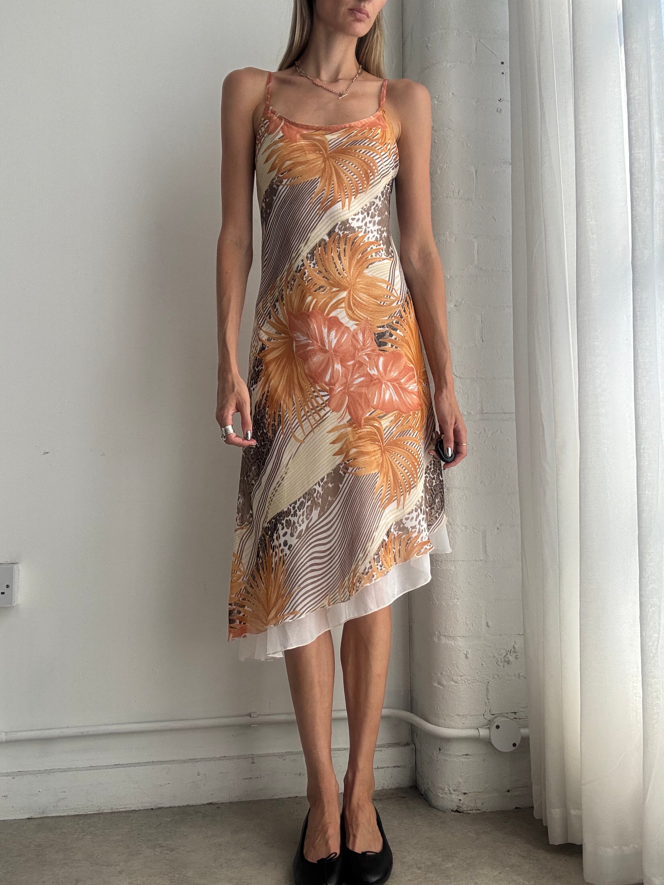 Vintage Y2K Orange Floral Asymmetric Slip Dress – Bias Cut Midi Summer Dress - Size S