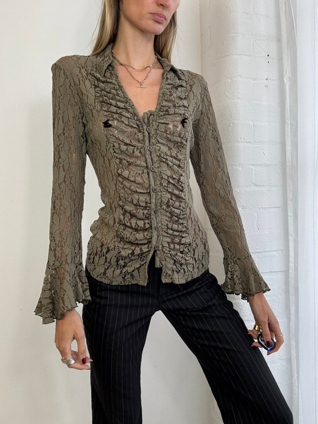 Vintage 90s khaki green ruched lace shirt