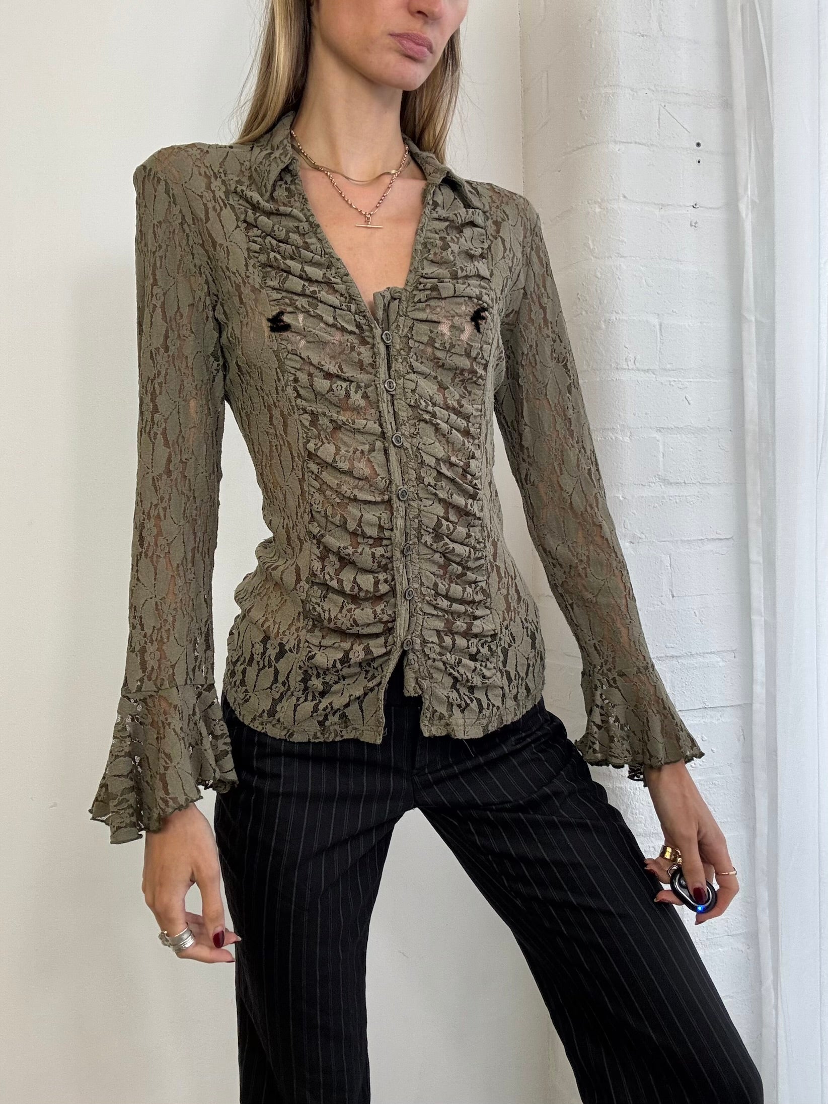 Vintage 90s khaki green ruched lace shirt