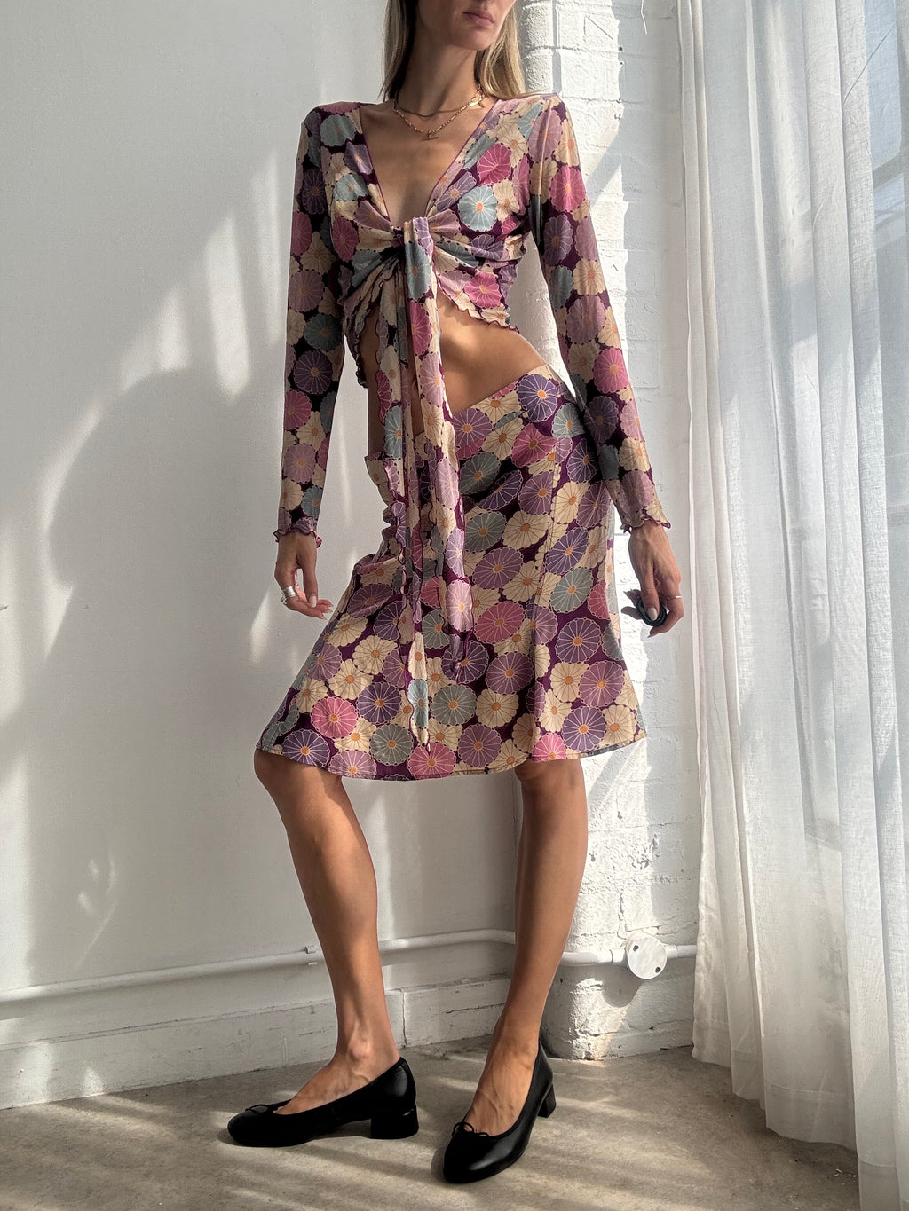 Vintage Y2K Silk Floral Two Piece Skirt & Top Set - Size M
