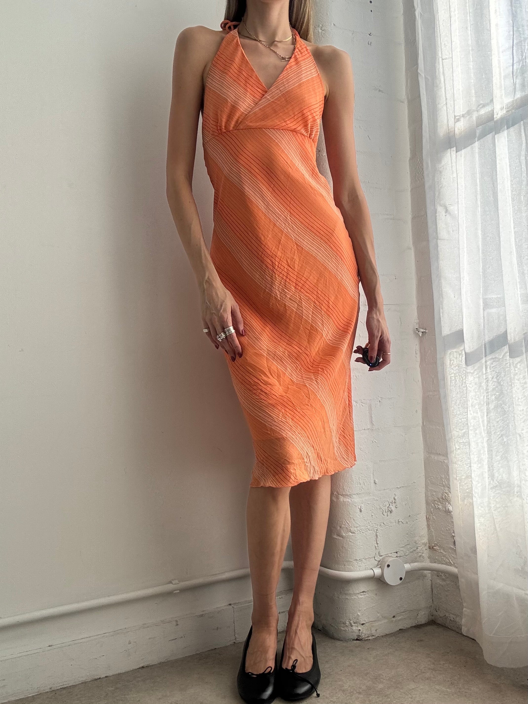 Vintage Y2k Orange Stripe Halter Neck Mesh Mid Dress Summer