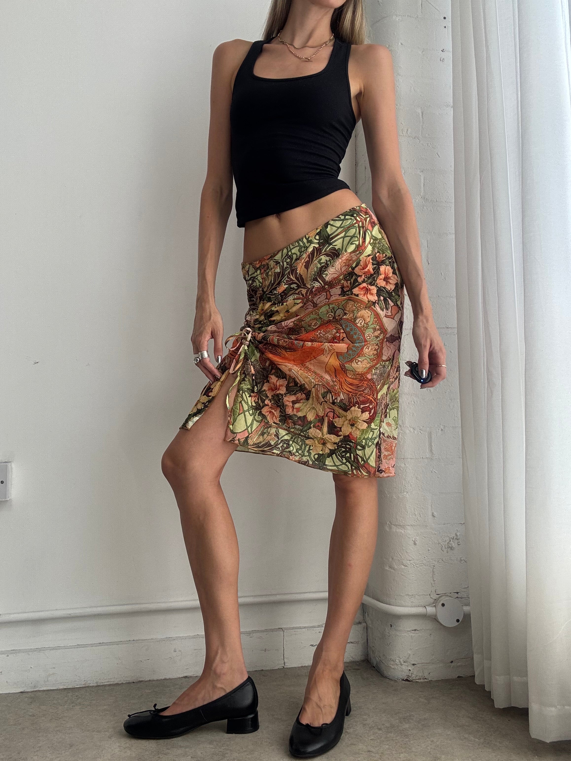 Vintage Y2K Tropical Floral Ruched Midi Skirt – Orange Green Mesh Bodycon Skirt - Size M