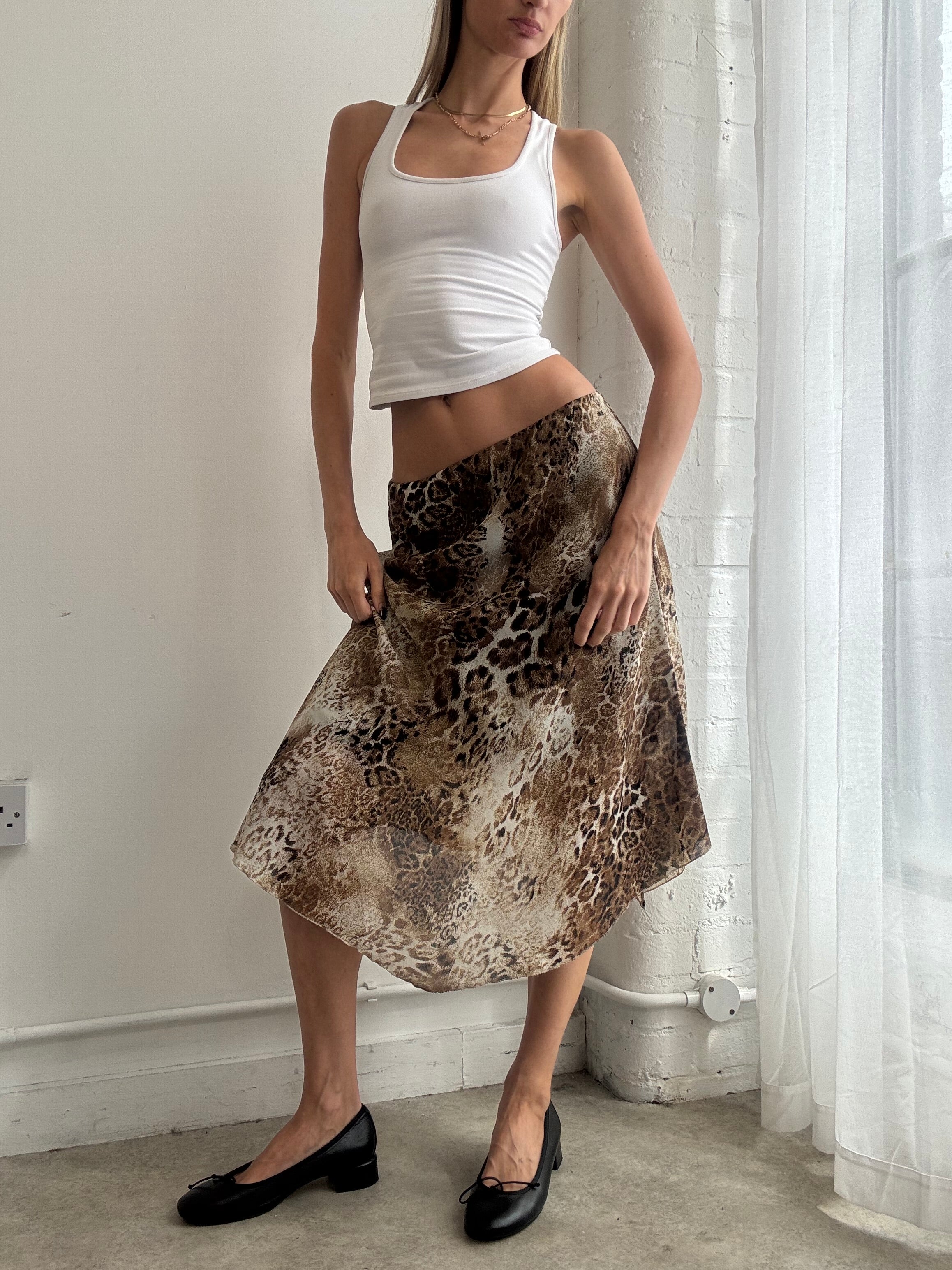 Vintage Y2K animal print mesh asymmetric midi skirt - Size S