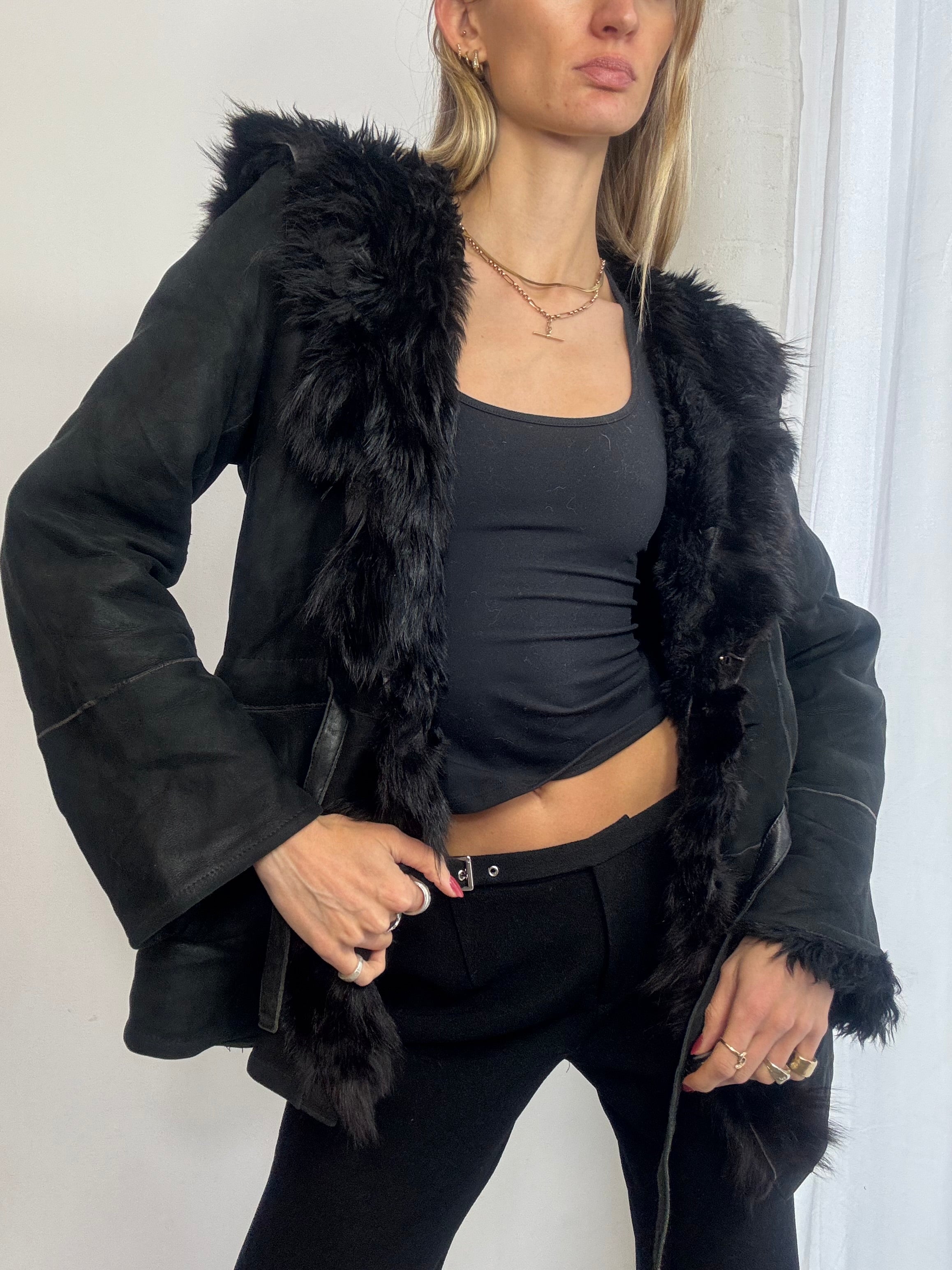 Vintage Y2K black suede sheepskin hooded coat fur trim