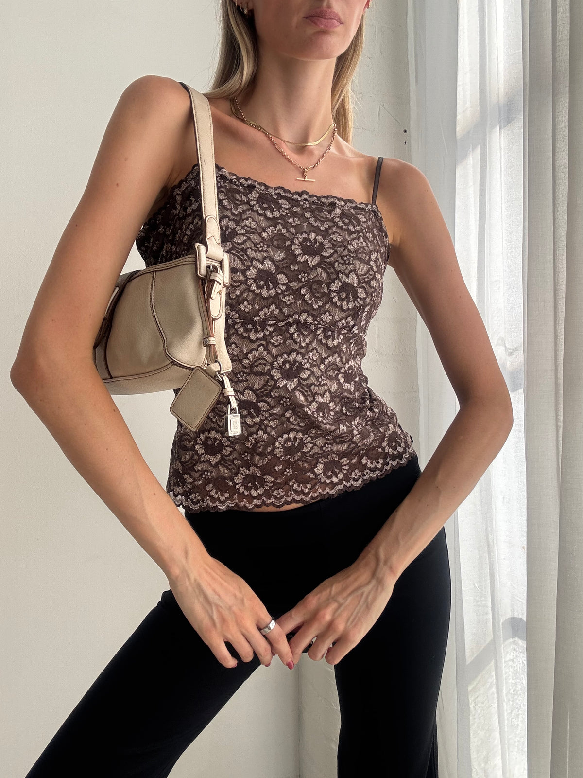 Vintage Y2K Brown Lace Cami Top - Size L