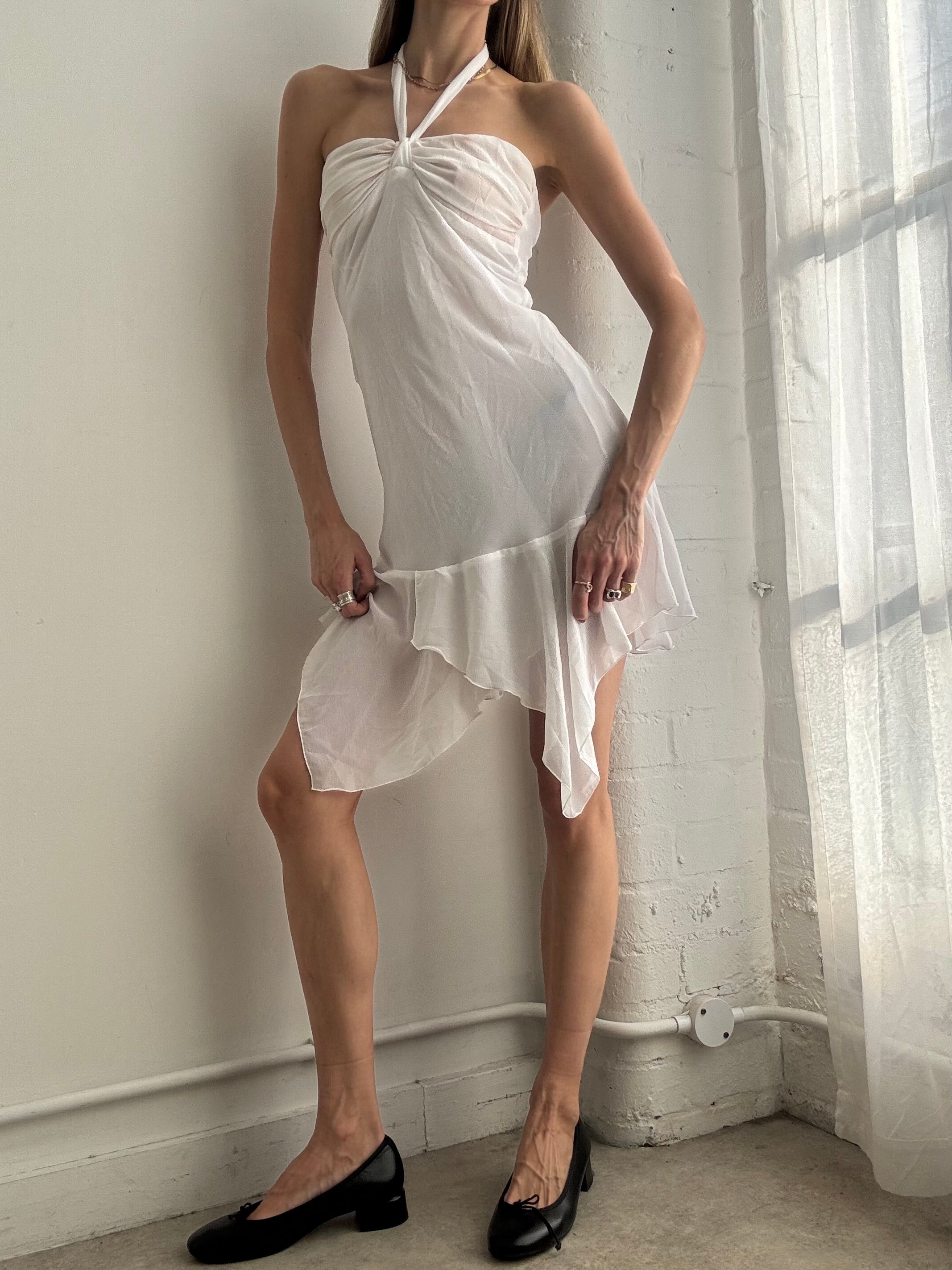 Vintage Y2k Mesh Halter Neck White Midi Dress Asymmetric Fairy