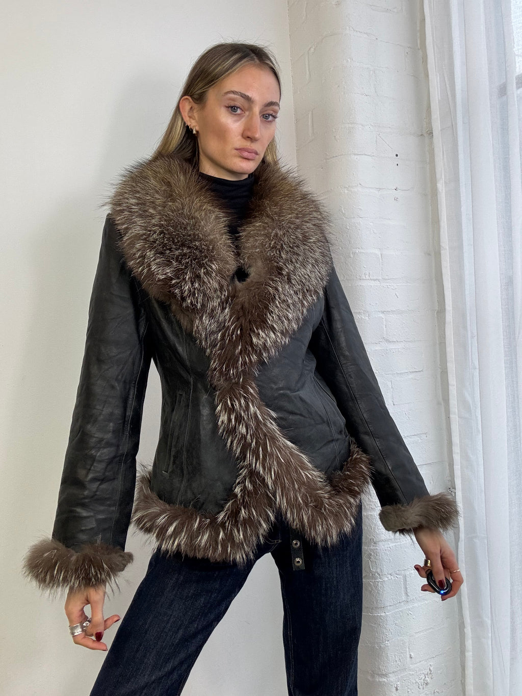 Vintage Y2K Afghan jacket black with brown fur trim