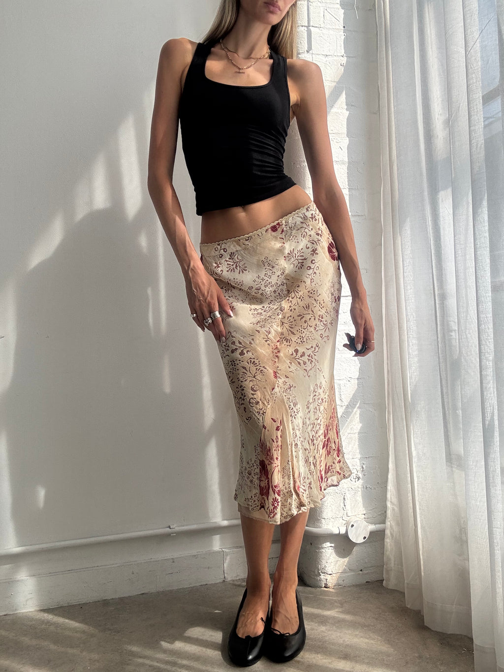 Vintage Y2K Cream Floral Bias Cut Mesh Midi Skirt - Size XS