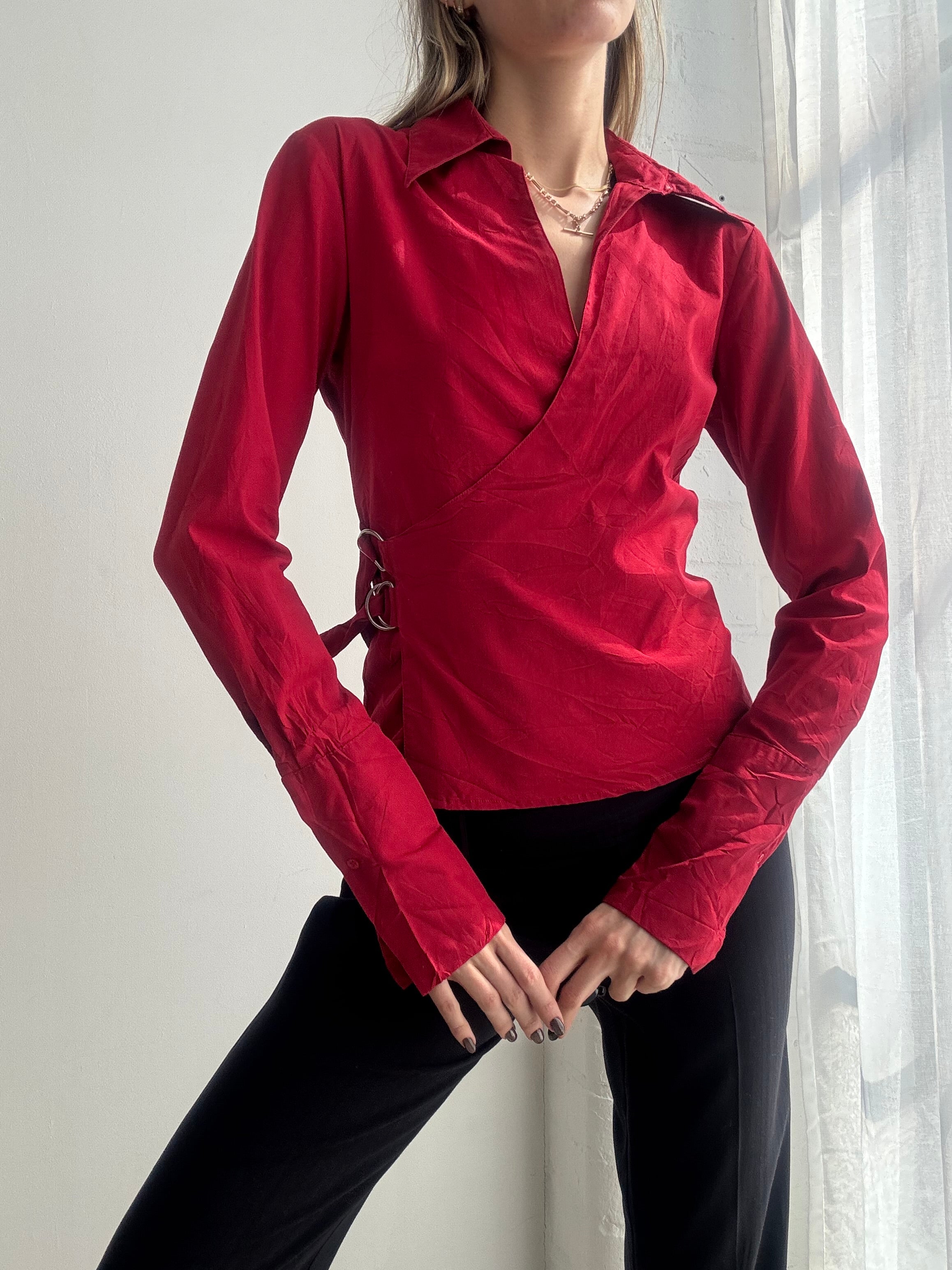 Vintage Y2K red wrap blouse with buckle waist