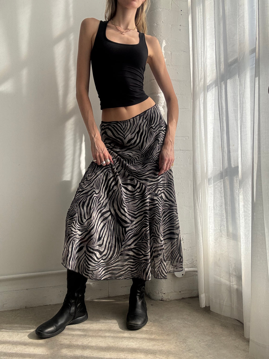 Vintage Y2K zebra print mesh midi skirt