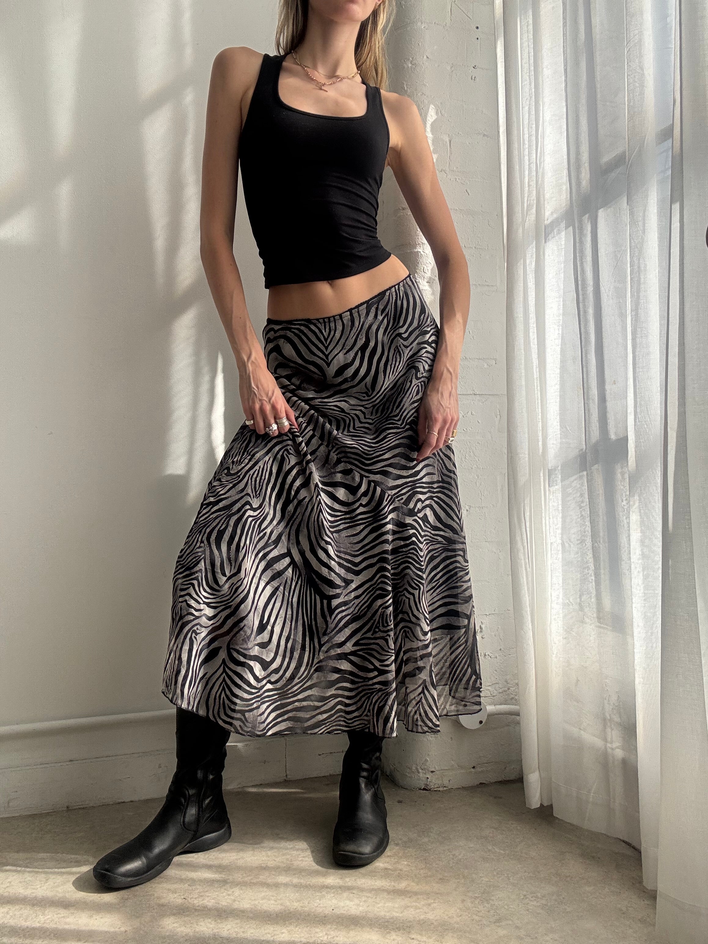 Vintage Y2K zebra print mesh midi skirt