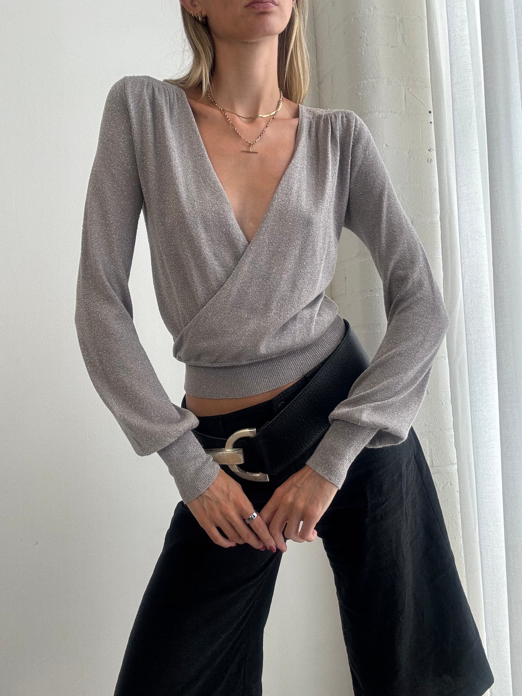 Vintage Y2K Silver Shimmer Draped Wrap Top - Size S