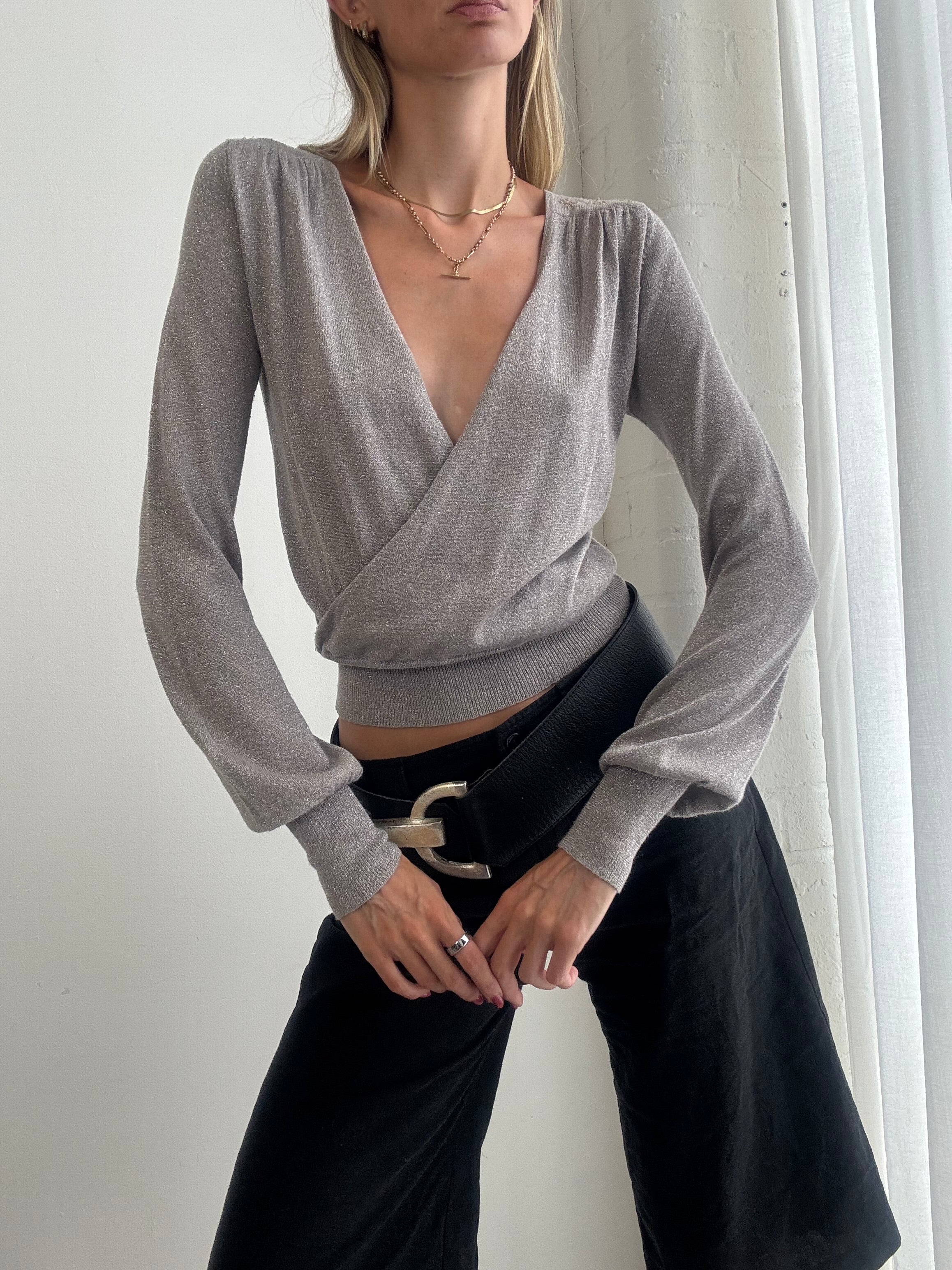 Vintage Y2K Silver Shimmer Draped Wrap Top - Size S