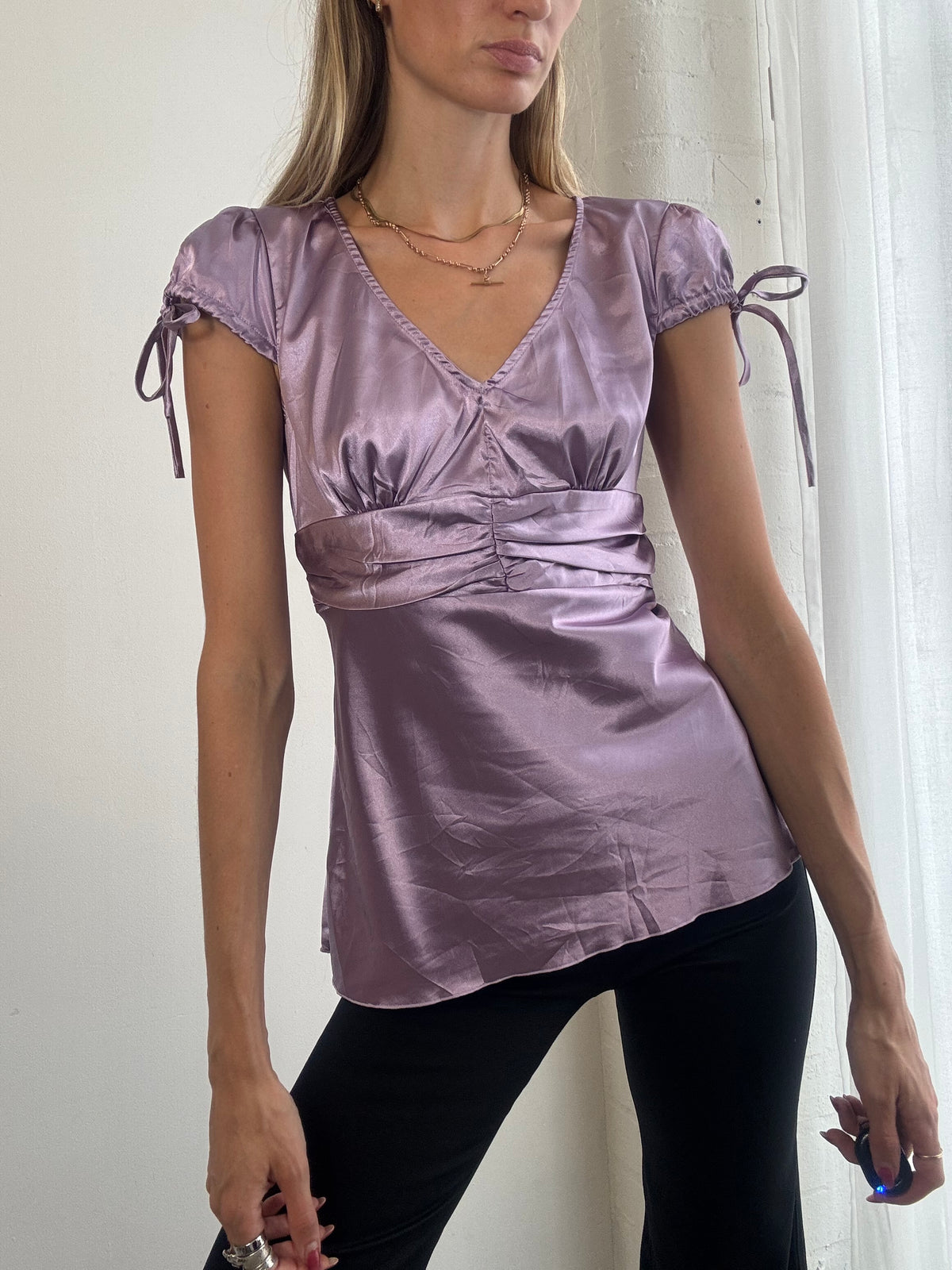 Vintage Y2K Lilac Satin Ruched Top Blouse - Size M