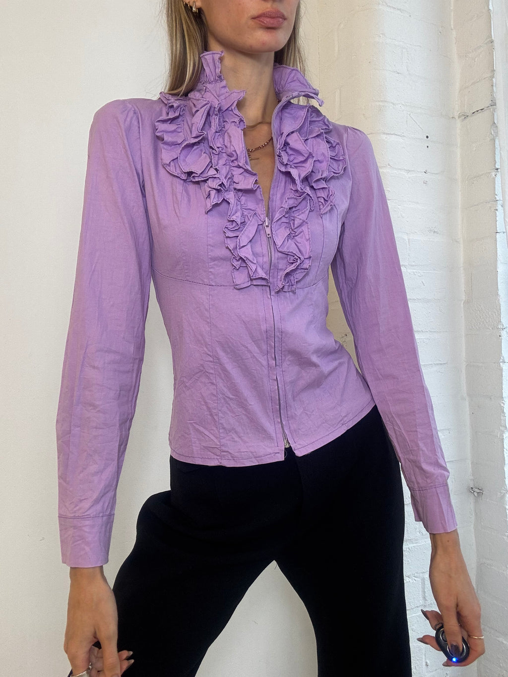 Vintage Y2K Lilac Ruffle Front Zip Up Shirt - Size S