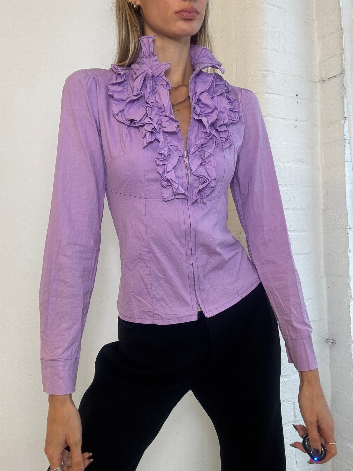 Vintage Y2K Lilac Ruffle Front Zip Up Shirt - Size S