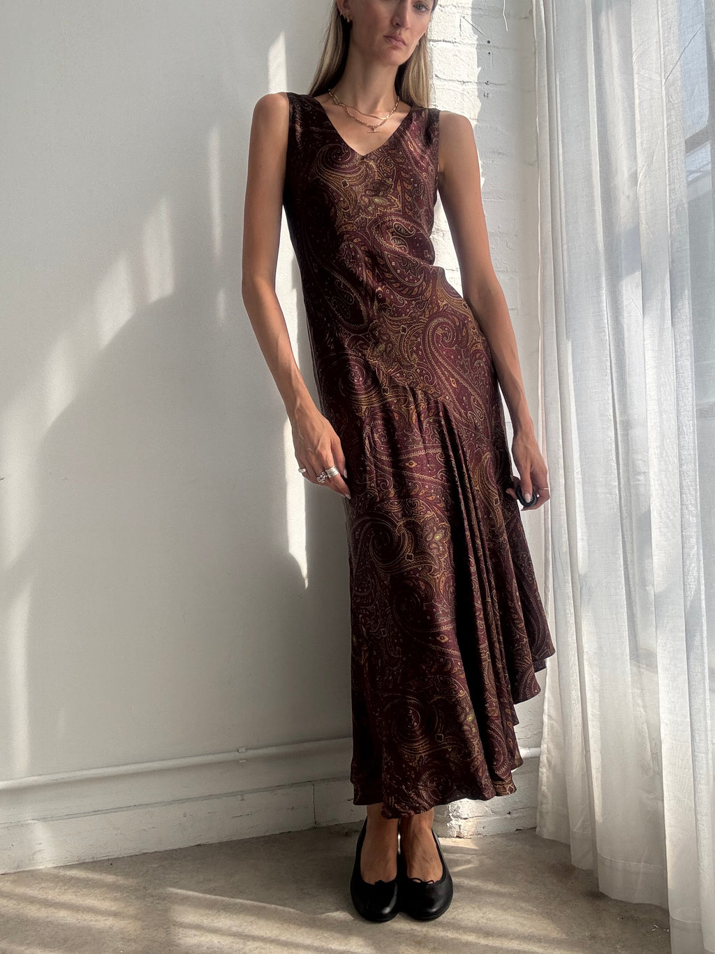 Vintage Y2K Ralph Lauren Burgundy Paisley Bias Cut Silk Maxi Dress - Size M