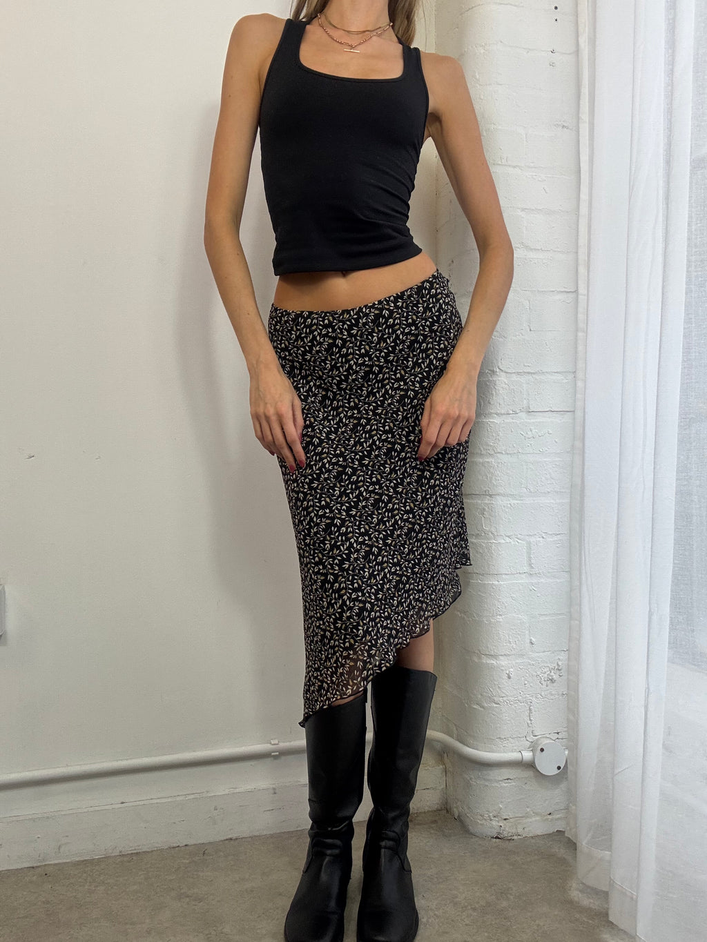 vintage Y2K floral mesh asymmetric midi skirt black