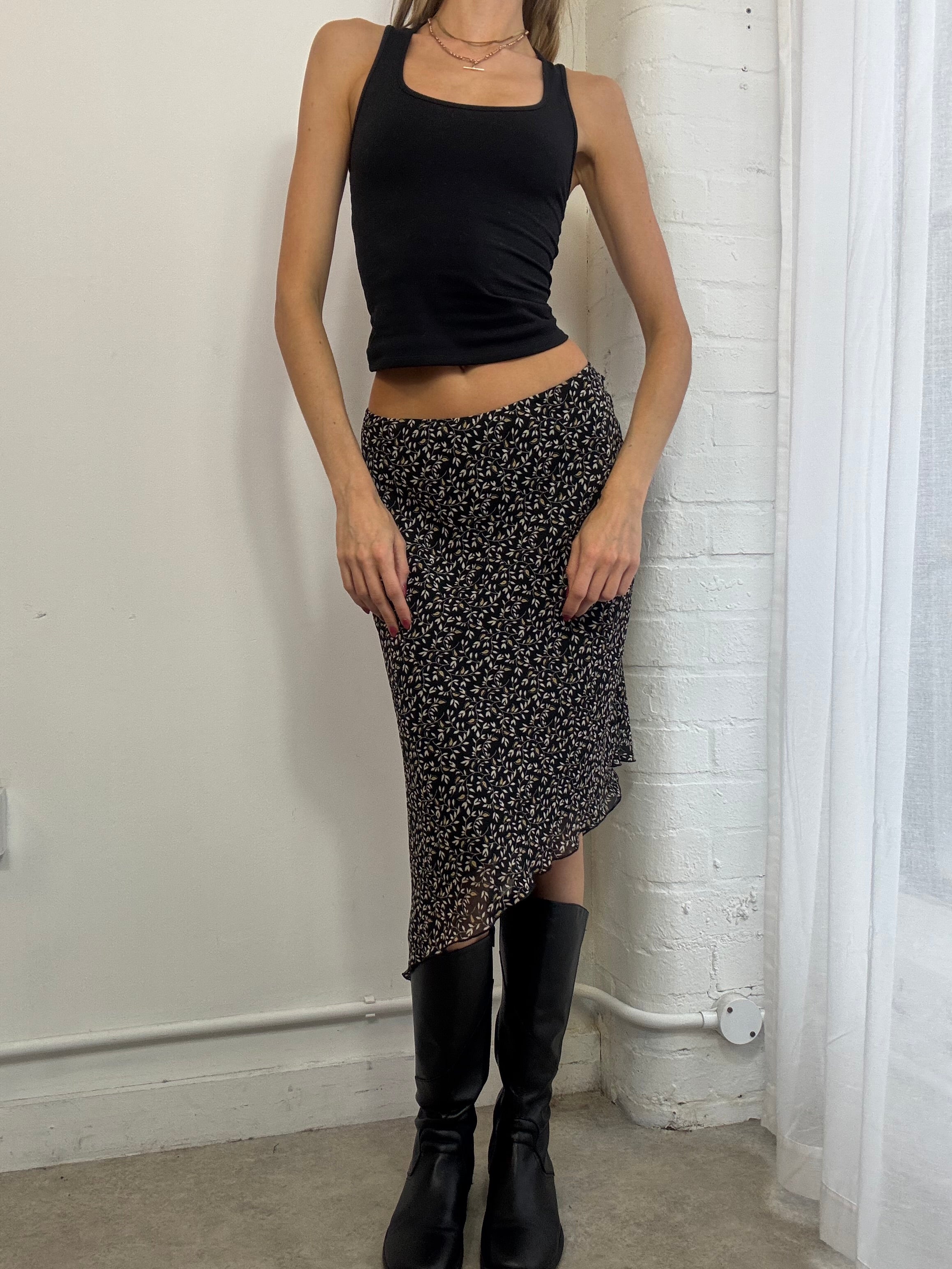 vintage Y2K floral mesh asymmetric midi skirt black