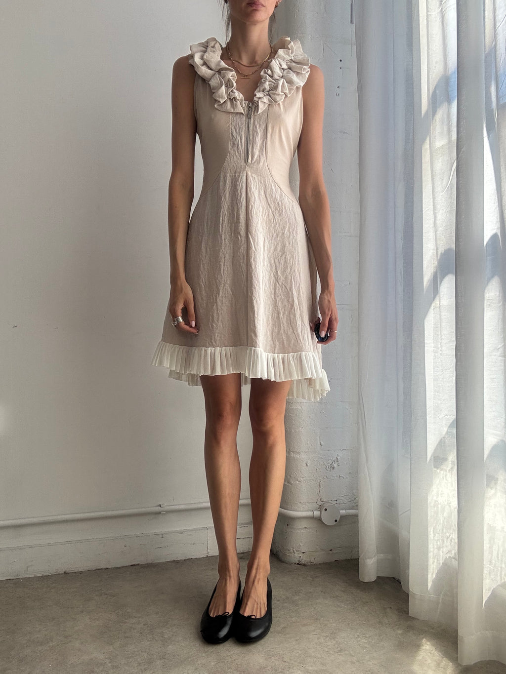 Vintage Zone Bleue Romantic Ruffle Neck Mini Dress - Size XS/S