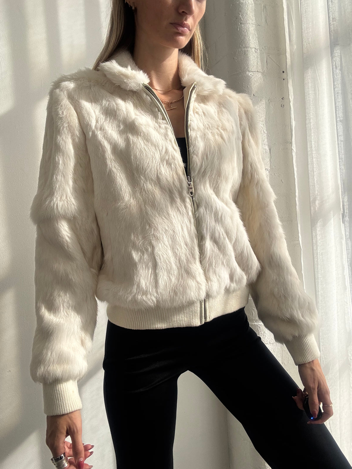 Vintage Y2K Cream Rabbit Fur Zip Up Bomber Jacket - Size S/M