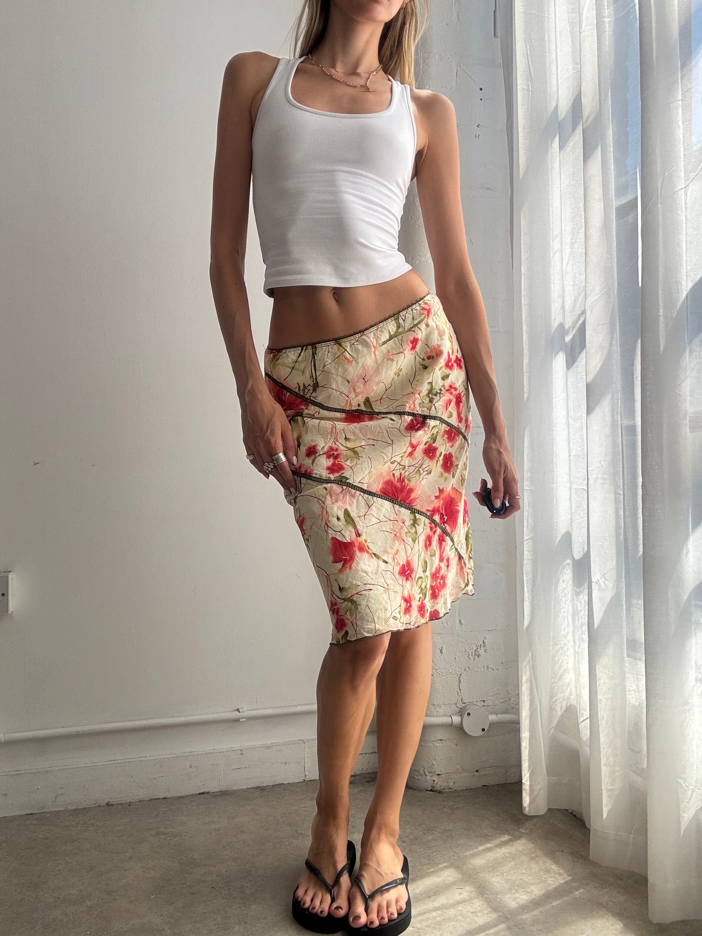 Vintage Cream Cotton Floral Midi Skirt Y2K - Size XS