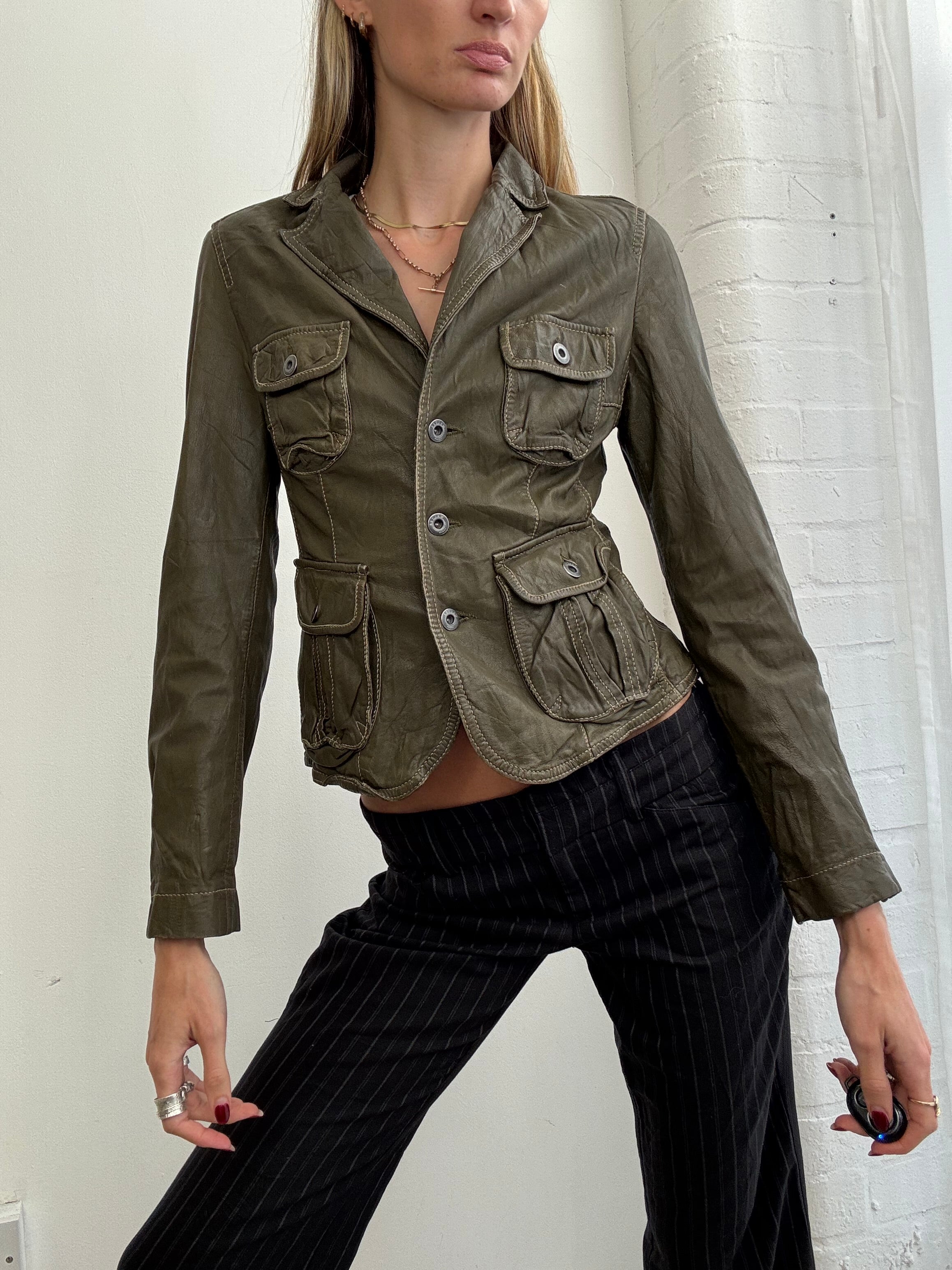 Vintage Y2K olive green leather blazer