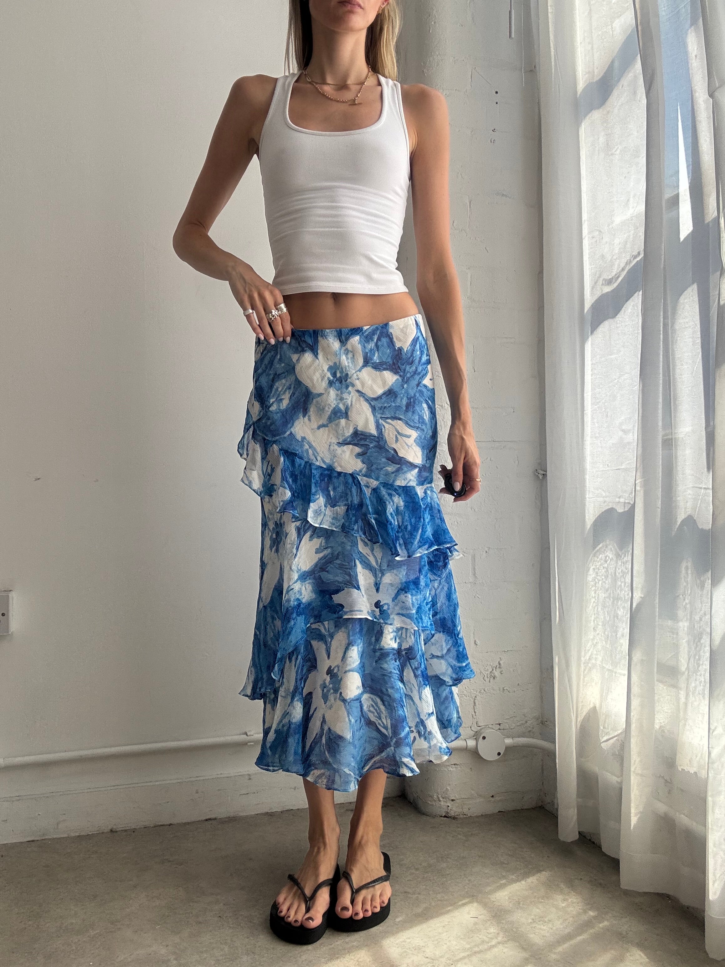 Vintage Ralph Lauren 100% Silk Blue Tropical Floral Ruffle Maxi Skirt Y2K - Size L
