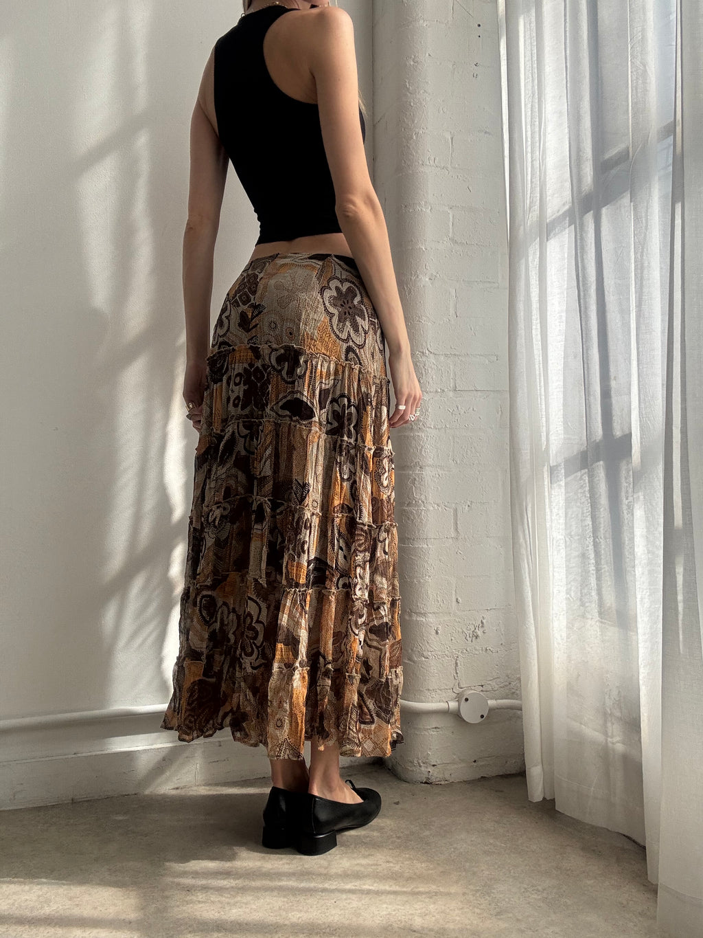 Vintage Y2K brown mesh paisley tiered maxi skirt