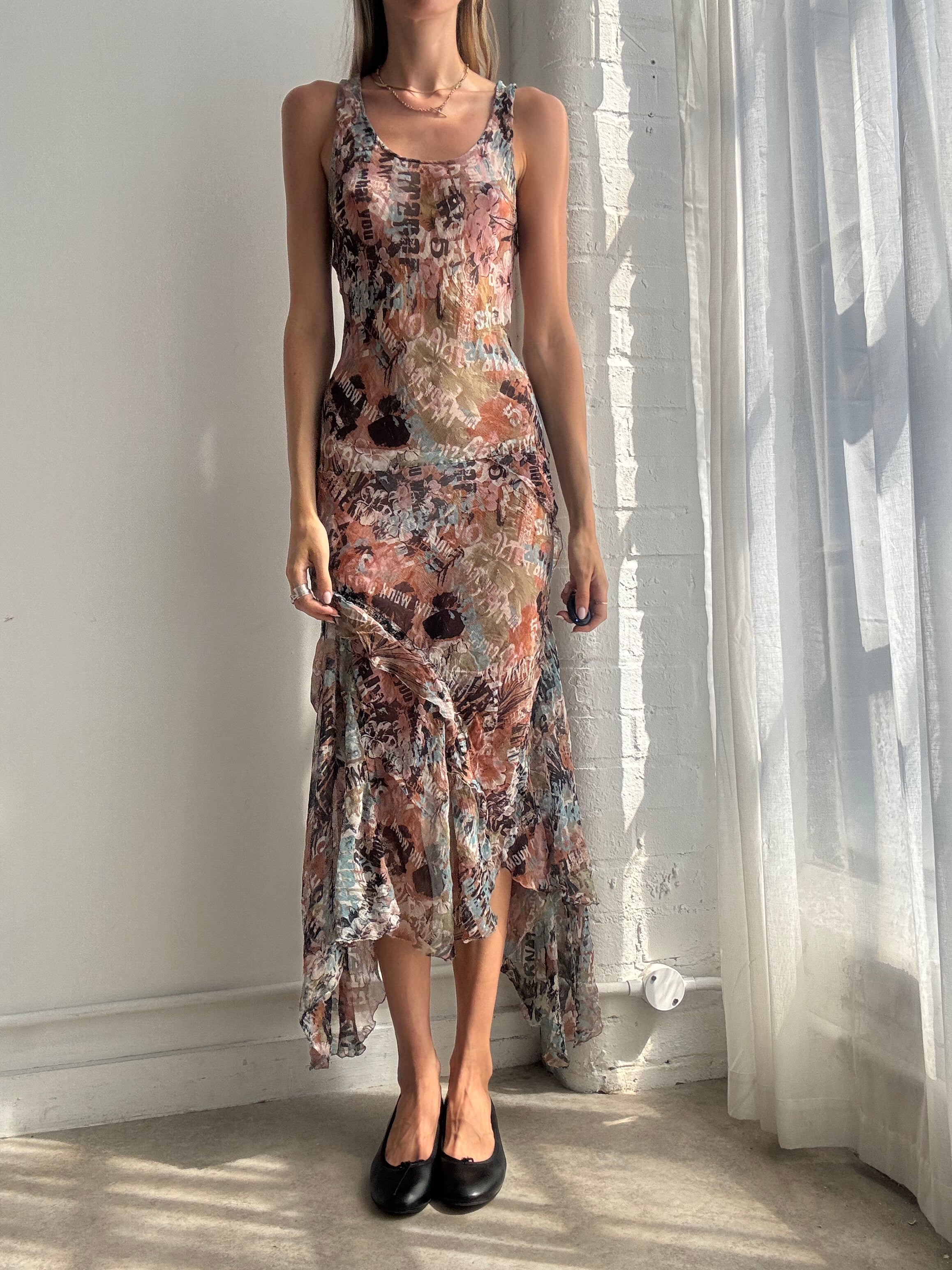 Vintage Y2K Abstract Silk Handkerchief Dress - Size S