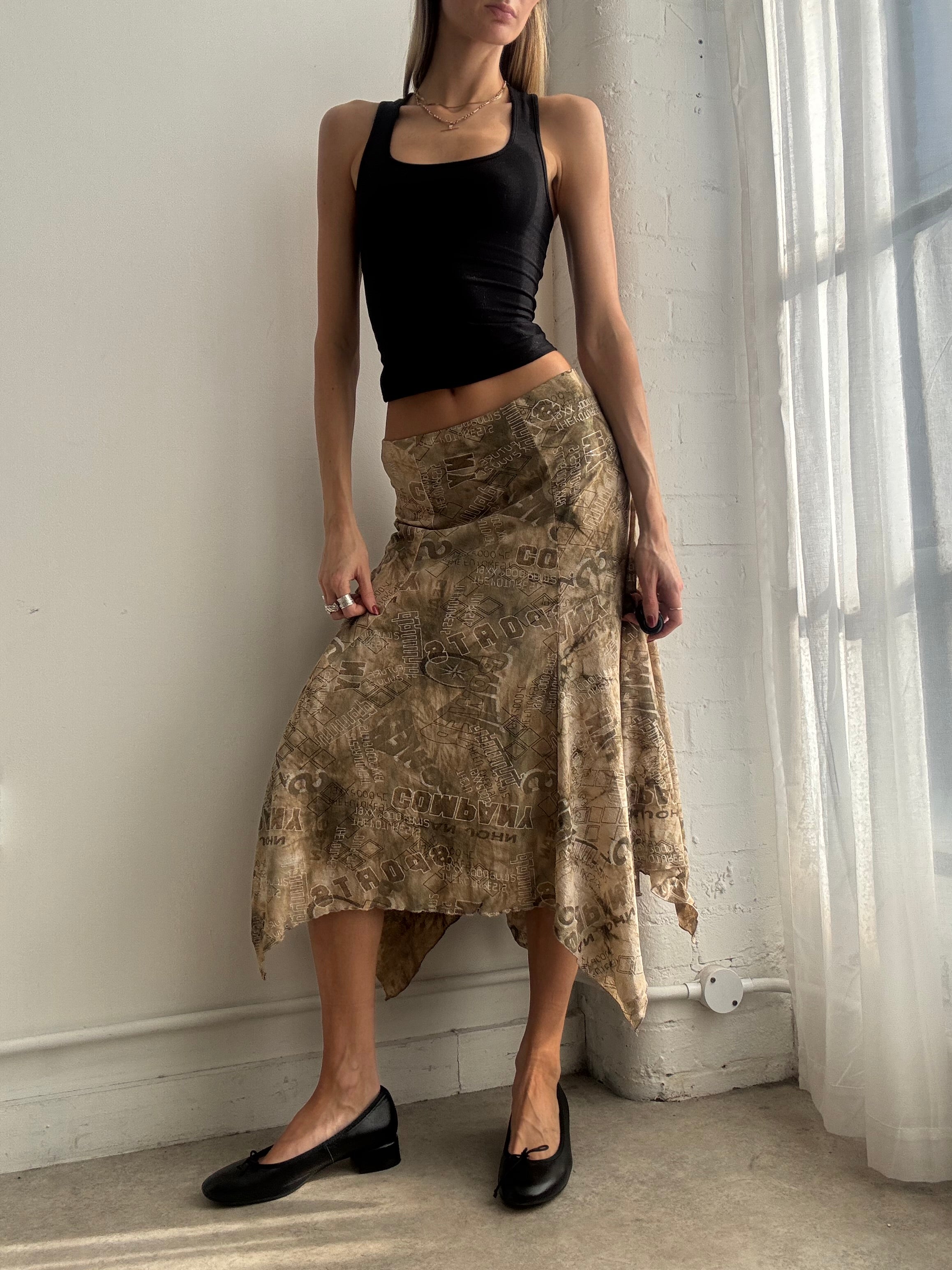 Vintage Y2K khaki green graphic print mesh midi skirt asymmetric